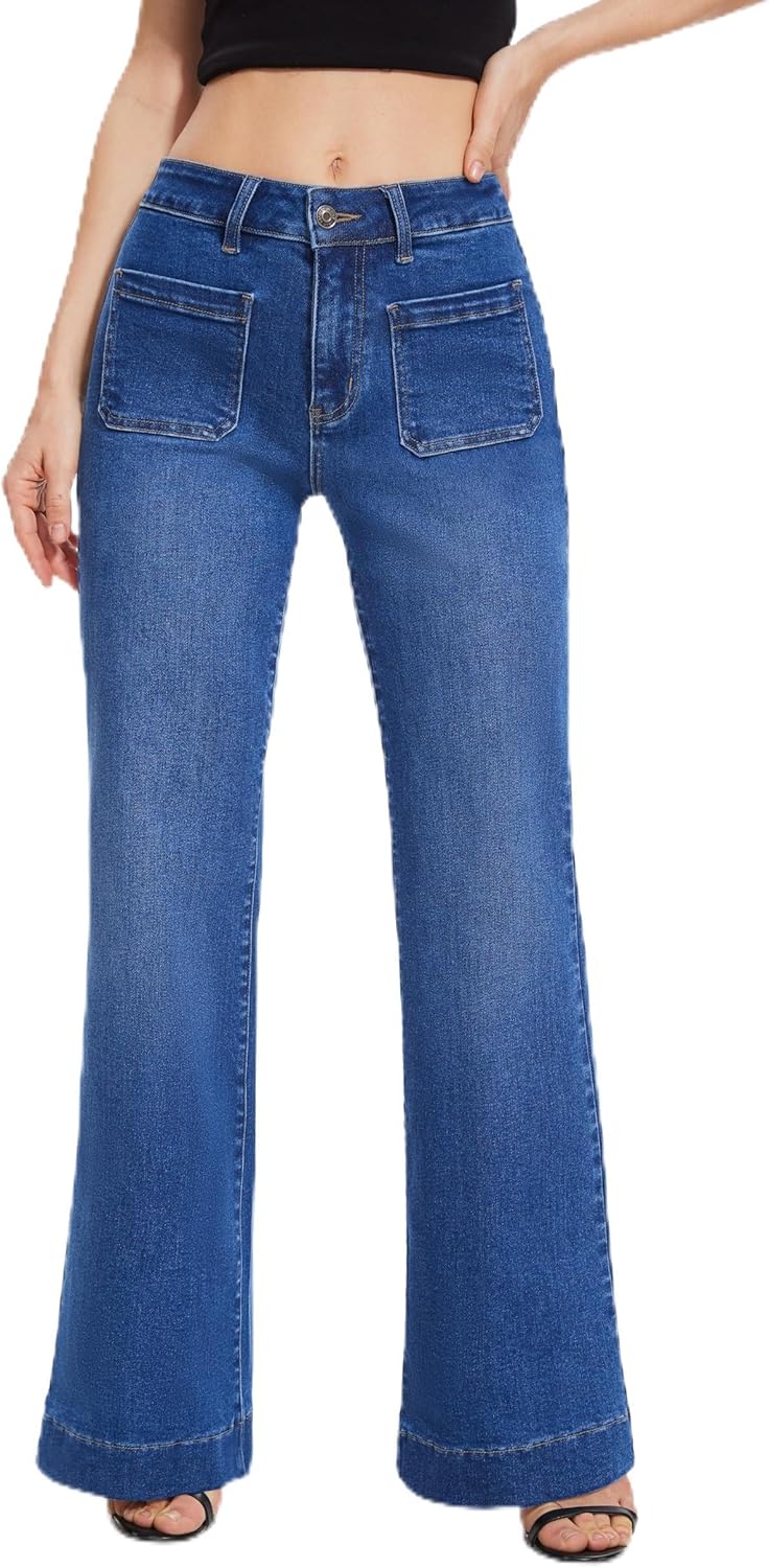 FLYING BANANA Women’s Flare High Waisted Bell Bottom Wide Leg Jeans Baggy Stretch Trendy Denim with Pockets