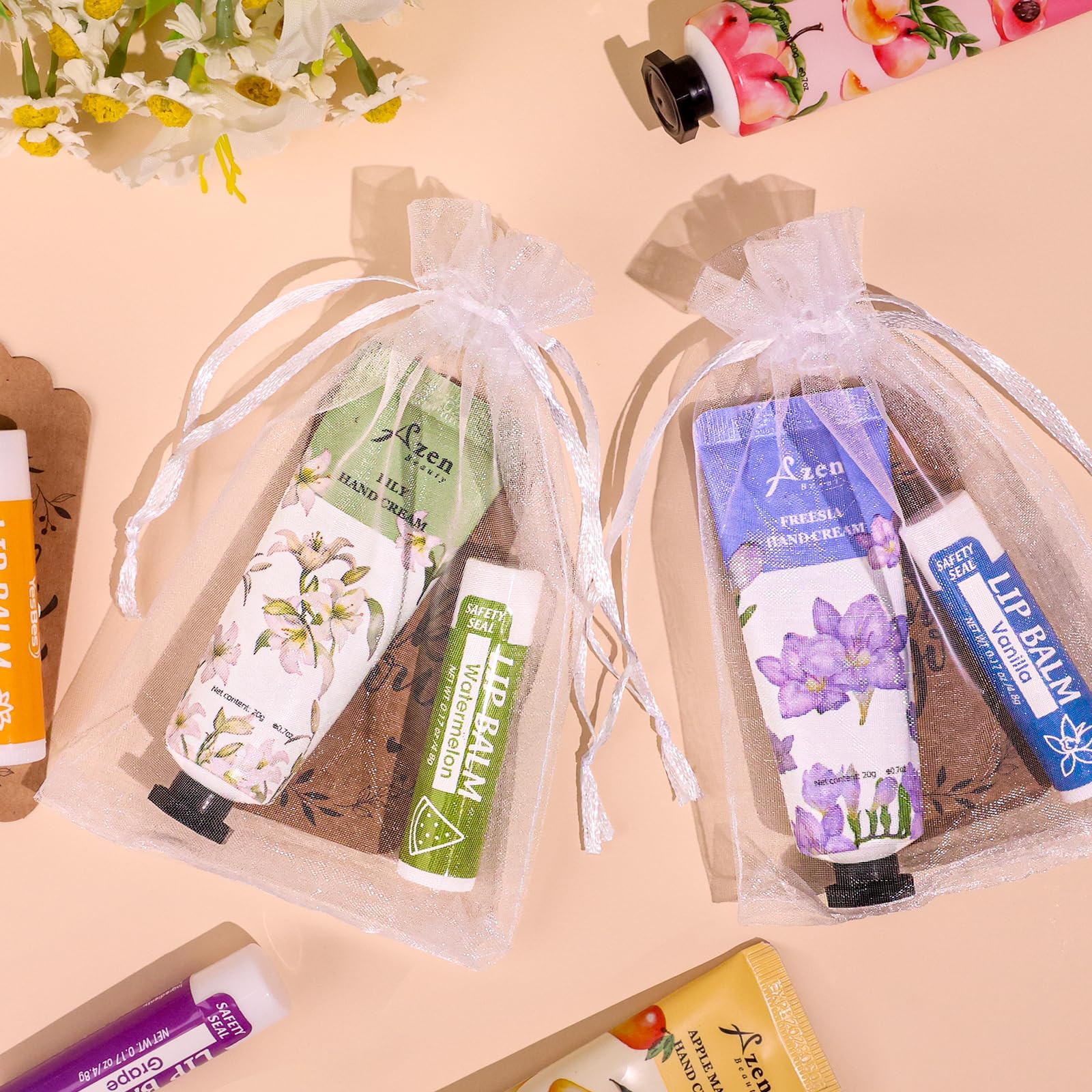 AZEN Hand Cream and Lip Balm Gift Set with Organza Bags and Thank-You Cards