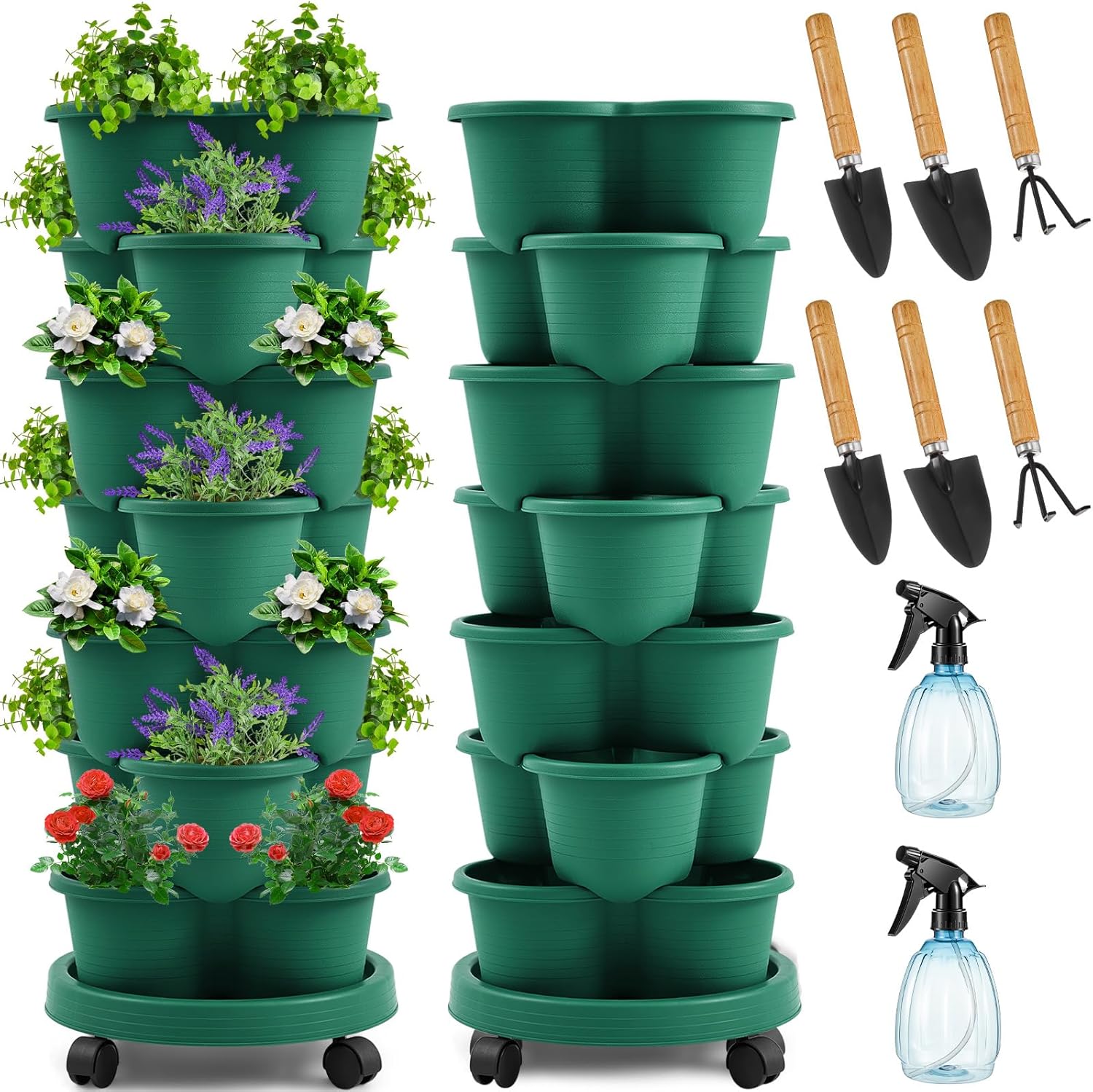 Umigy 2 Set Multicolor 7 Tier Stackable Vertical Planters with Removable Wheels and Tools Tower Planters Strawberry Herb Flower Vegetable Pots Indoor Outdoor Gardening Pots