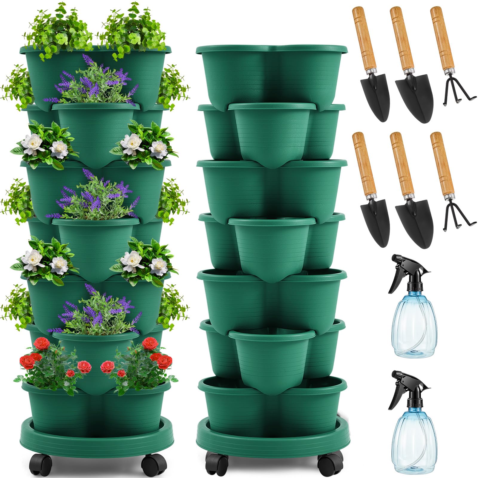 Umigy 2 Set Dark Green 7 Tier Stackable Vertical Planters with Removable Wheels and Tools Tower Planters Strawberry Herb Flower Vegetable Pots Indoor