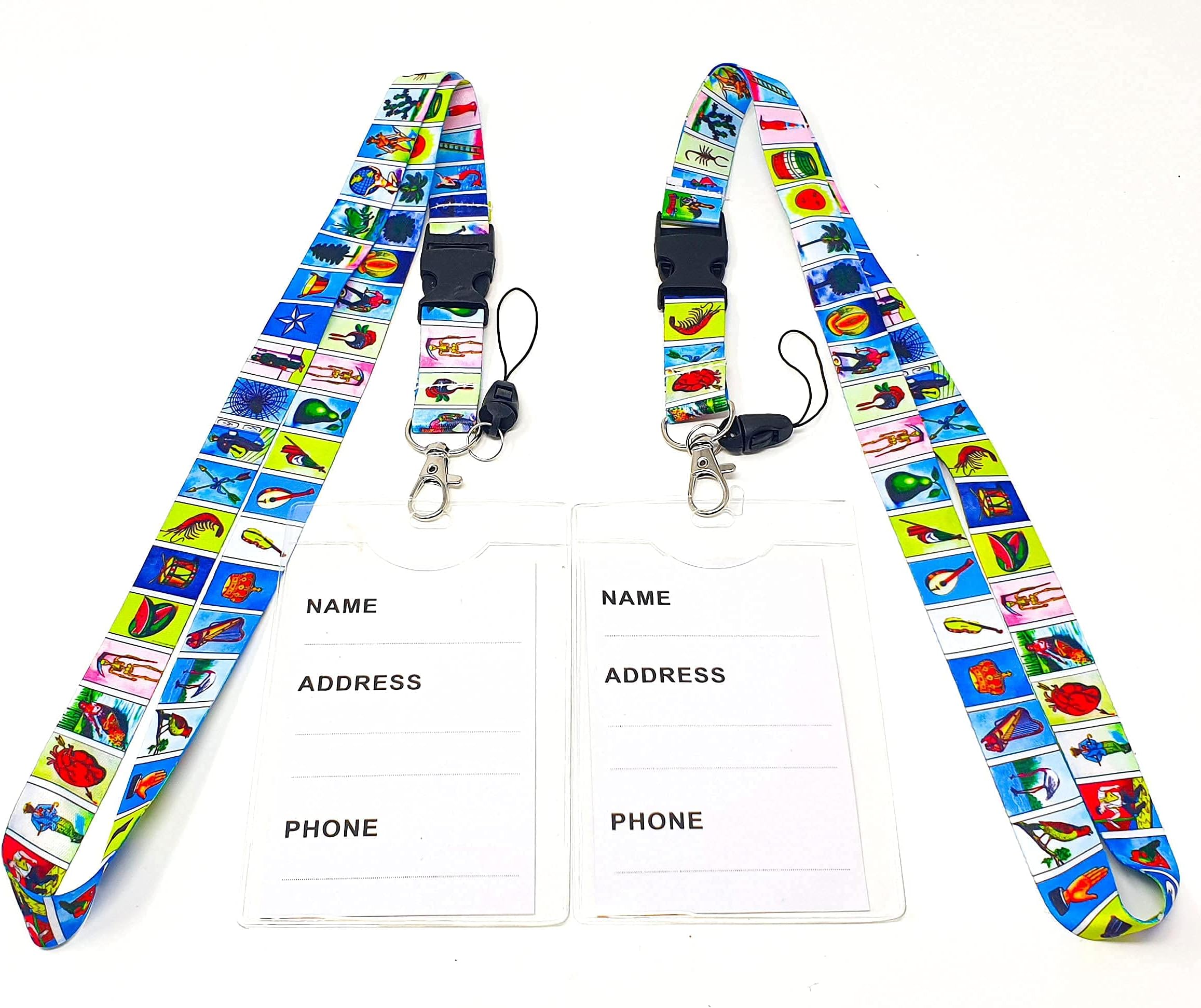 Mexican Loteria ID Badge Holder with Detachable Buckle Clip Lanyard-2 Pack. Clear I.D. Window to Store Work or School ID, Money, Credit Cards. Cute Funny Mexican Heritage Lanyard