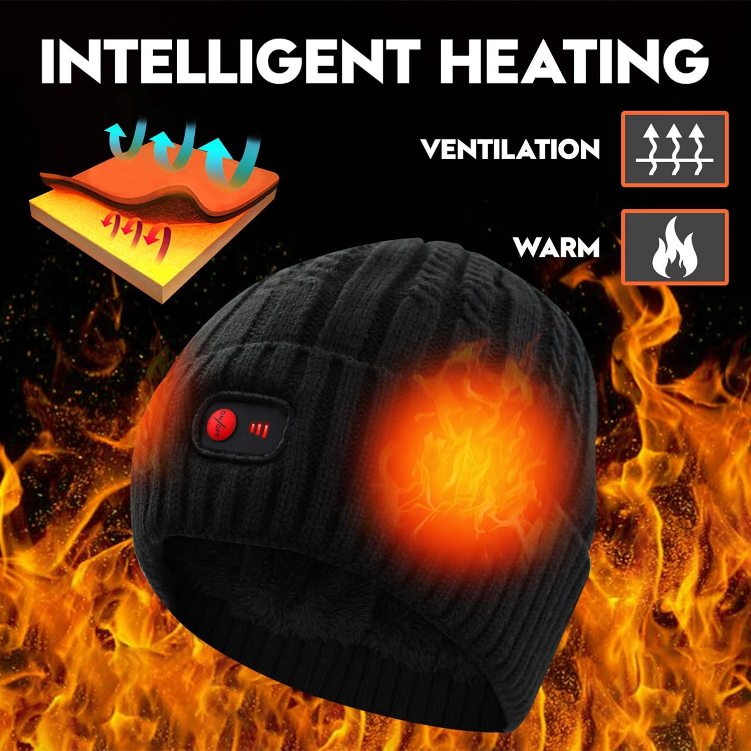 Autocastle 7.4V Heated Hat Men Women Battery Heat Cap Winter Warm Rechargeable Electric Battery Knitted Skull Beanies,Black - Image 4