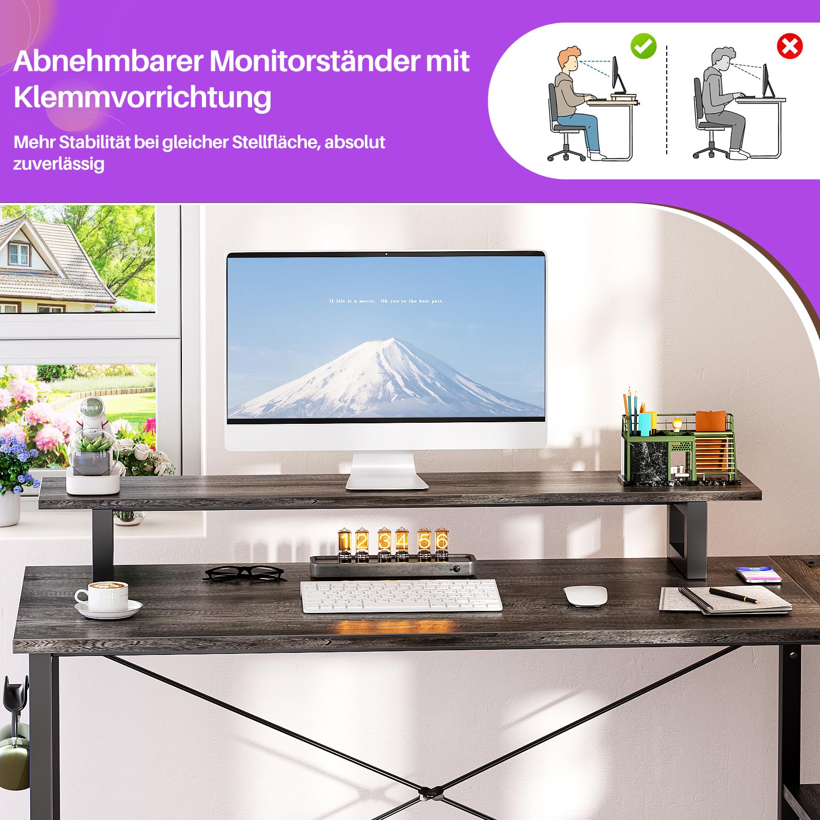 iSunirm Biurko gamingowe w kształcie litery L, 120 x 70 x 72 cm, biurko komputerowe z oświetleniem LED, dwustronny stół gamingowy z diodami LED i gniazdami do nauki, gier i pracy, szary dąb