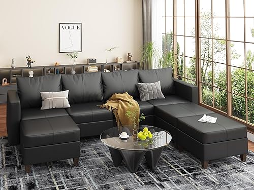 Miniatura 33 de EASE MOOSE Modualr - Sofá modular en forma de U con otomanas de almacenamiento, sofá modular de piel sintética gris, blanco y Blanco