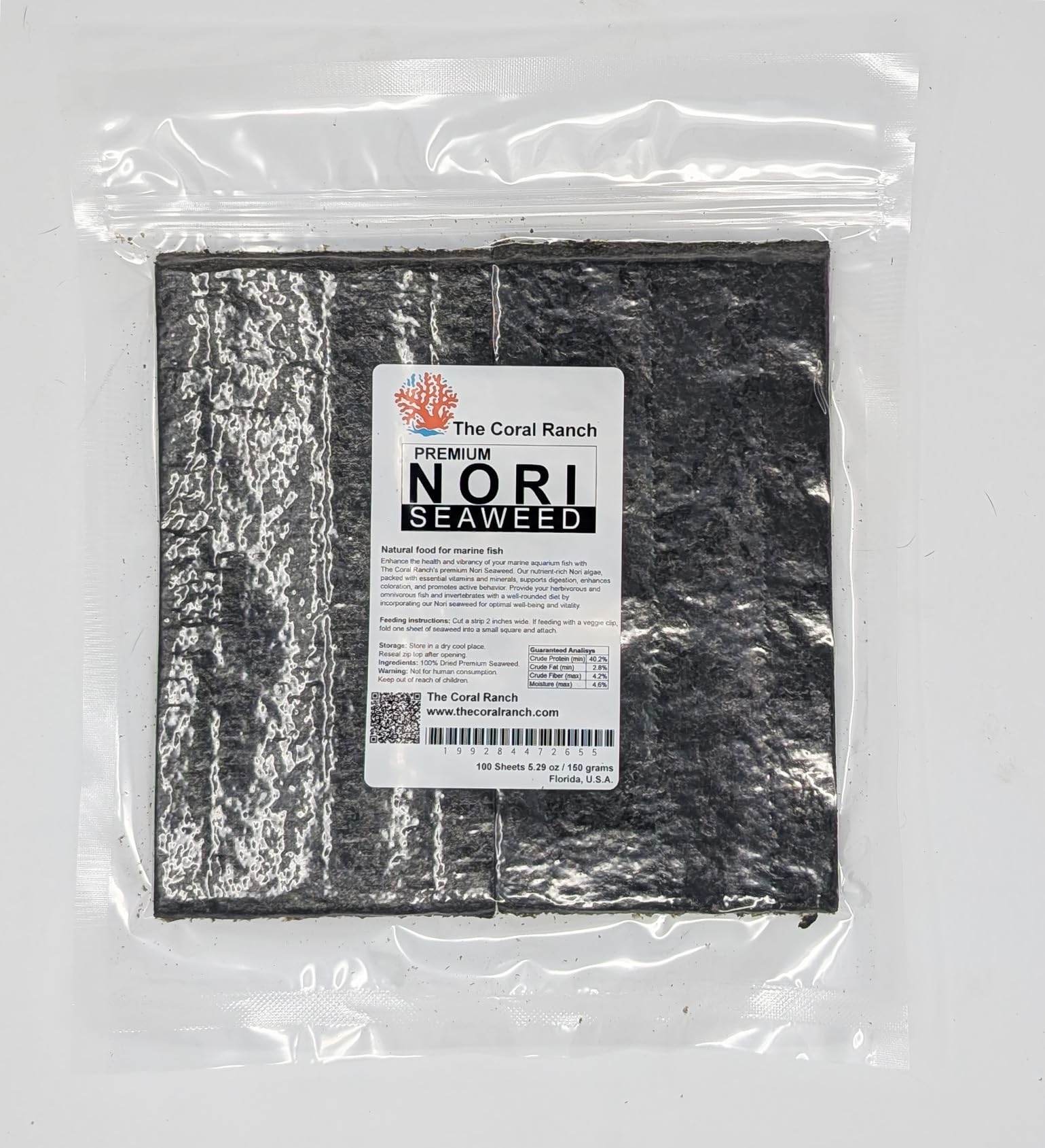 Premium Nori Seaweed - 100 Sheets 4"x8"- Resealable Pack - Food for Marine Fish, Tangs, Butterfly Fish, Angelfish. (150 Gram) / 5.29 oz