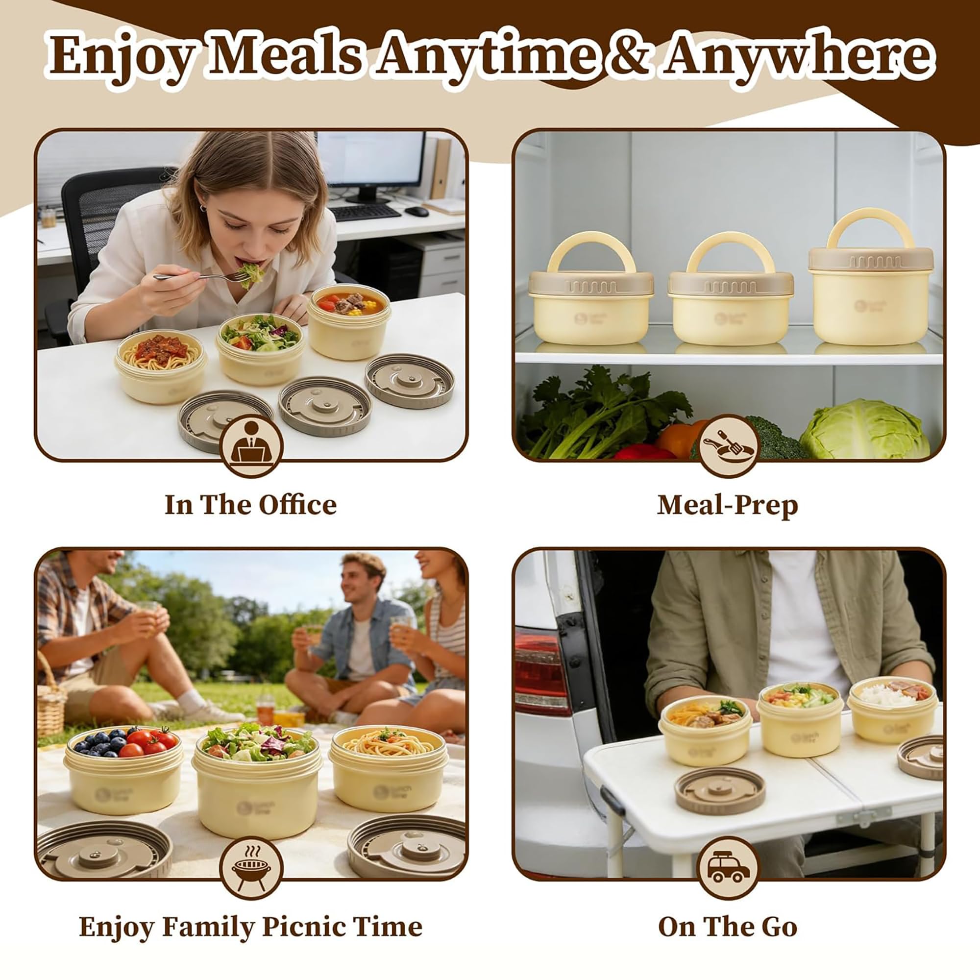 Contenitore Termico per Alimenti Caldi,Lunch Box in Acciaio Inossidabile 304,Alimenti Caldi Contenitori per il Pranzo,Rotonda con Maniglia,Borsa,per Cibi Caldi e Freddi, beige-4pcs
