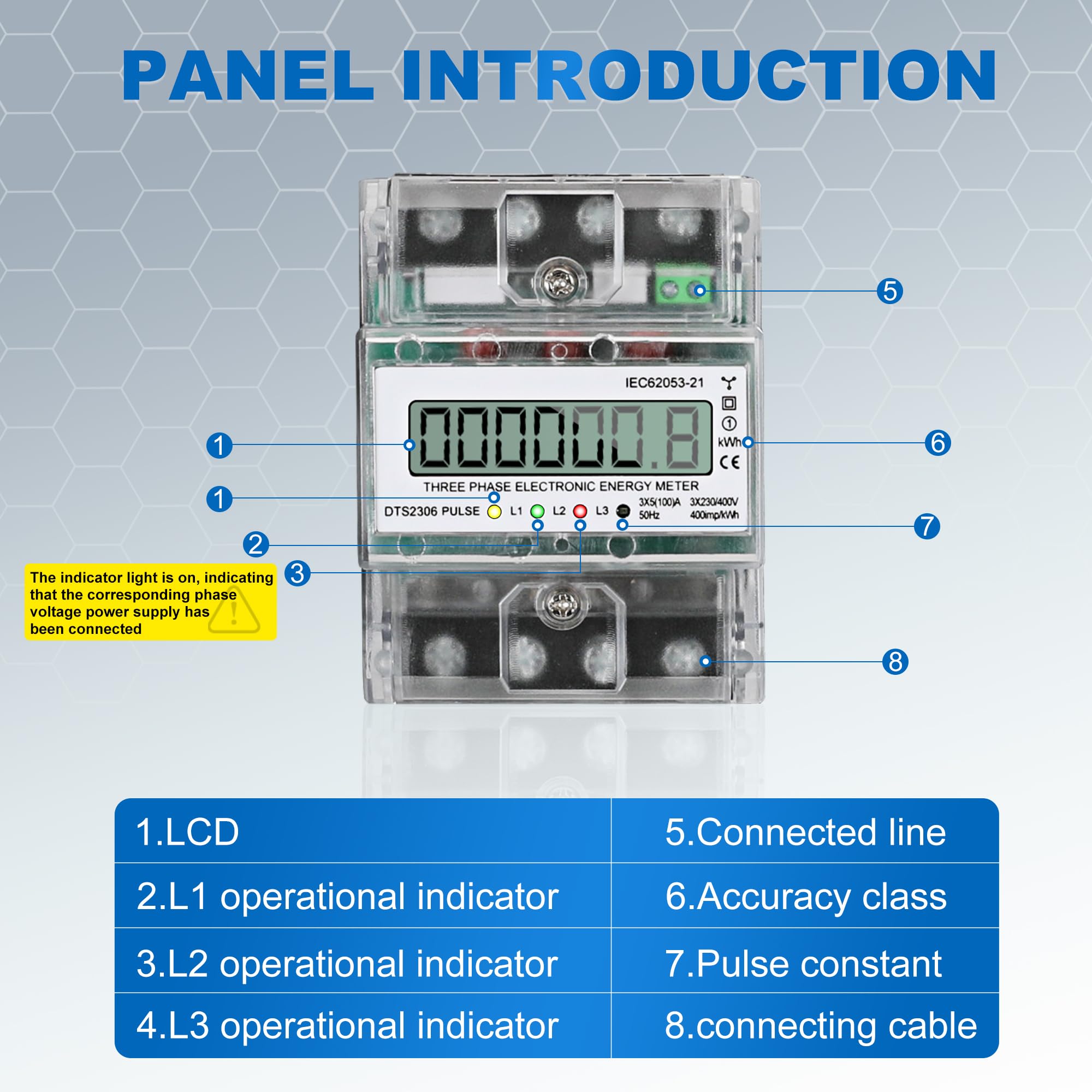 Contador de Corriente 3 Fases, Contador de Torsión 5-100A, Contador de Energía DIN 6+1 Puestos, 230/400V Contador Bidireccional Digital KWh Con Salida de Impulso