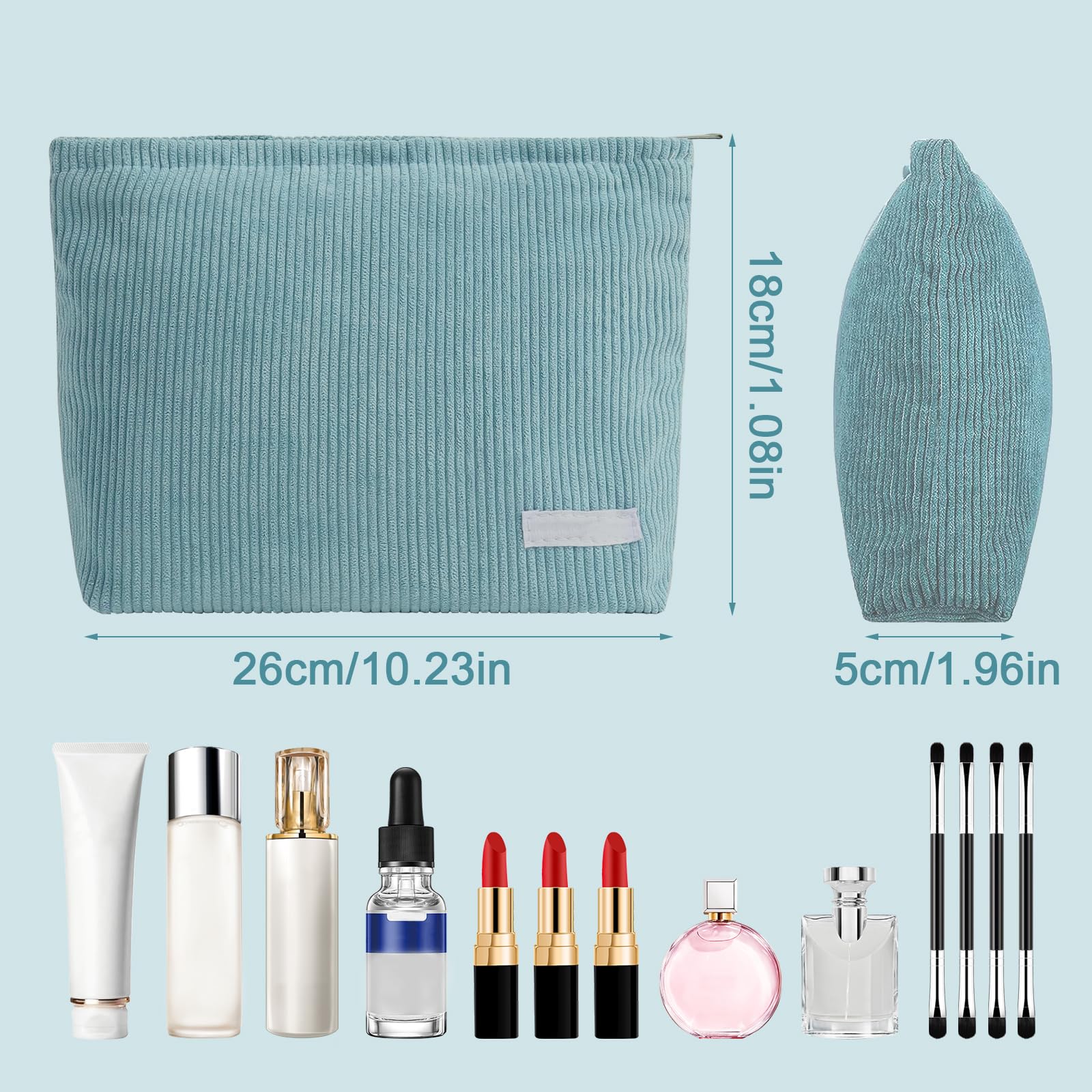 UZSUZZ 2-Piece Corduroy Cosmetic Bag with Zipper - Travel Makeup Organizer for Women and Girls (Pink/Blue) - Image 2