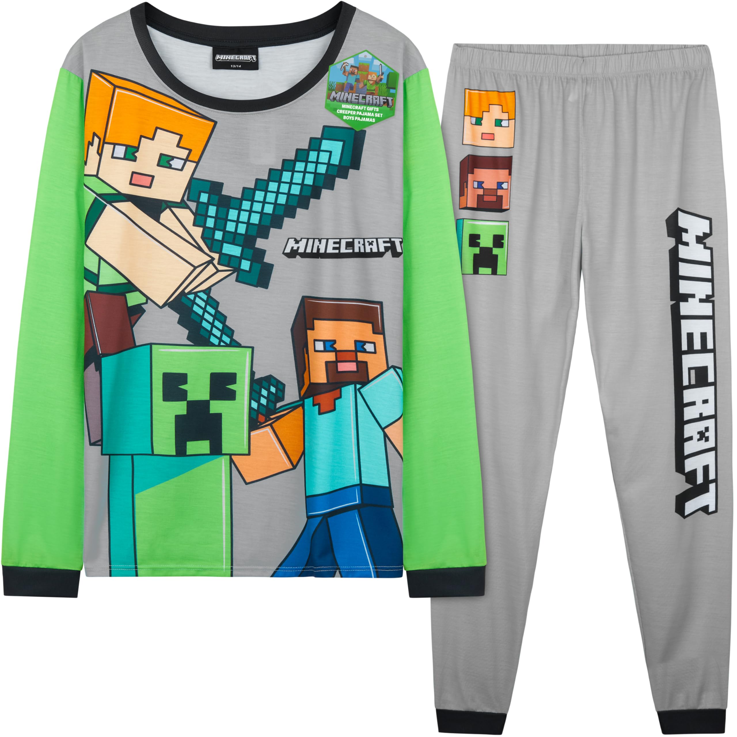 Get Trend Boys Grey Minecraft Minecraft Pyjamas Set, Long Pjs For Kids & Teens, Creeper Loungewear Soft Nightwear, Gamer Gifts For (13-14 Years, )