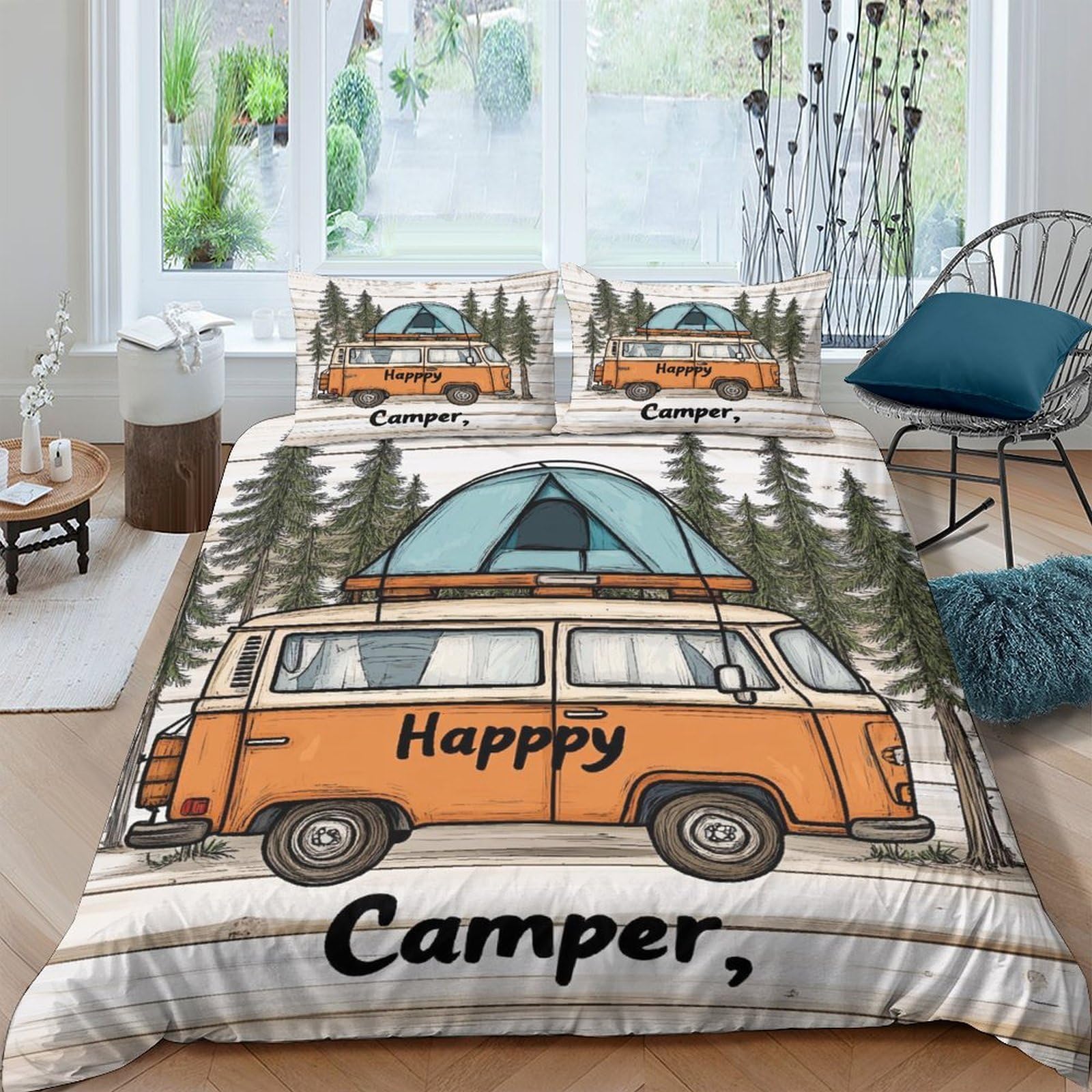 Ctjqhvkz Style-7 3D Printed Orange Camper Van Fitted Sheet Microfiber Soft Breathable Pine Forest Bed Cover For Bedroom Guest Room Decor Single（135X200cm）