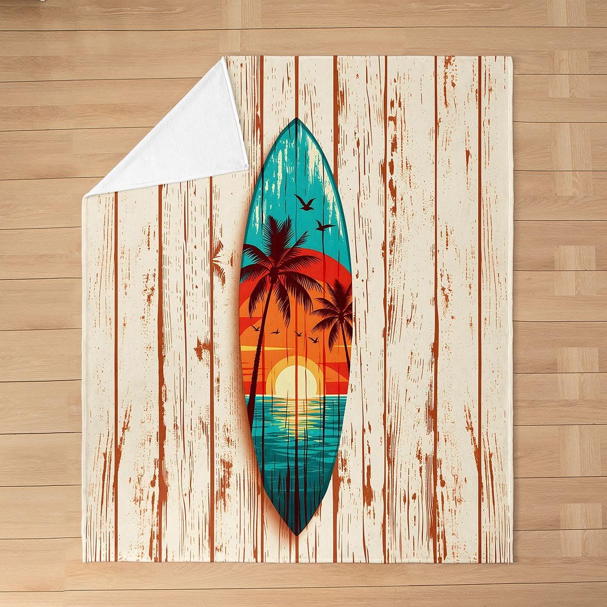 Erosebridal Coastal Sunset Fleece Blanket Baby 30"x40" for Girls - Surfboard Surfing Flannel Blanket Retro Tropical Beach Palm Tree Fuzzy Plush Throw,Vintage Wooden Plank Design Decor for Bed Couch