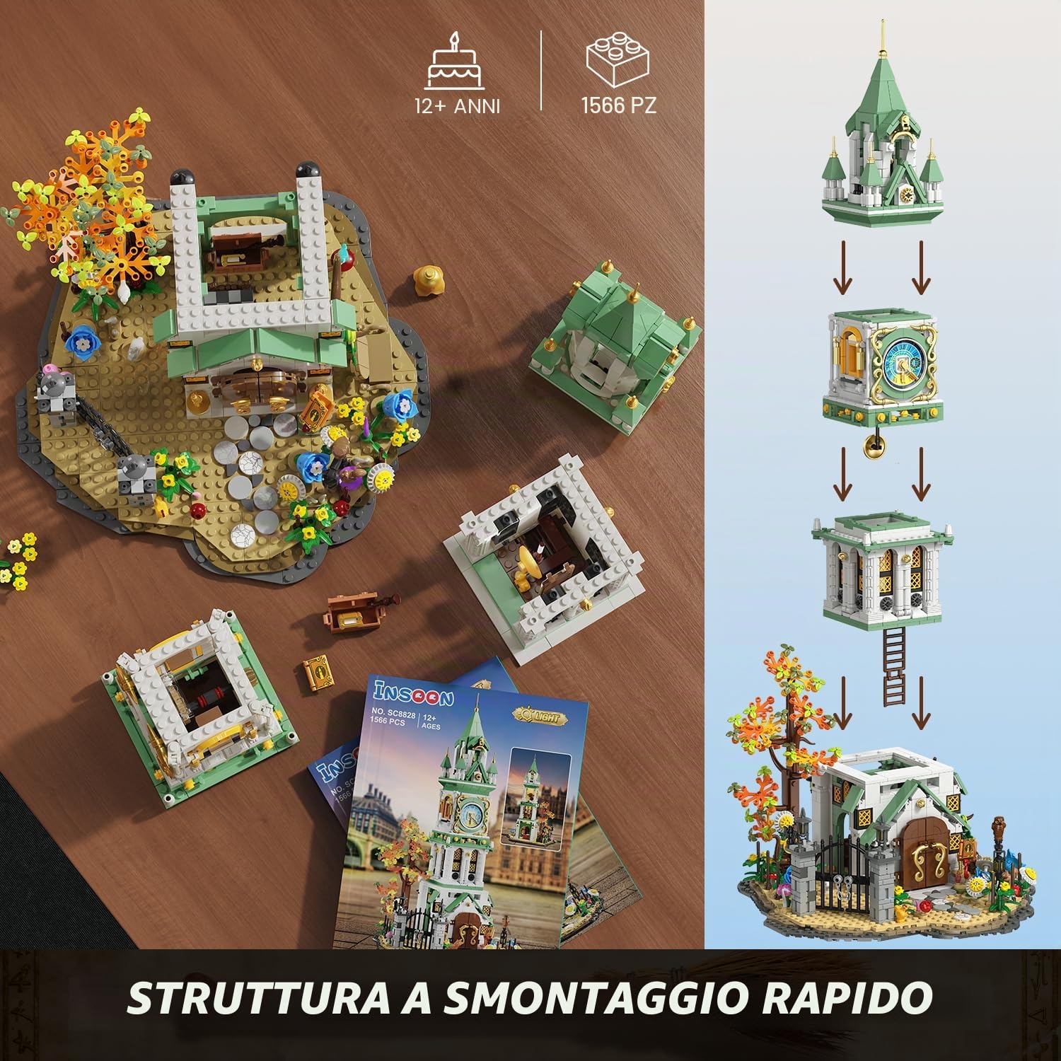 INSOON Campanile medievale casa kit di costruzione con luce, 1550PCS fiore castello architettura costruzione giocattolo con giardino botanico, regalo di compleanno per adulti bambini ragazzi ragazze 8