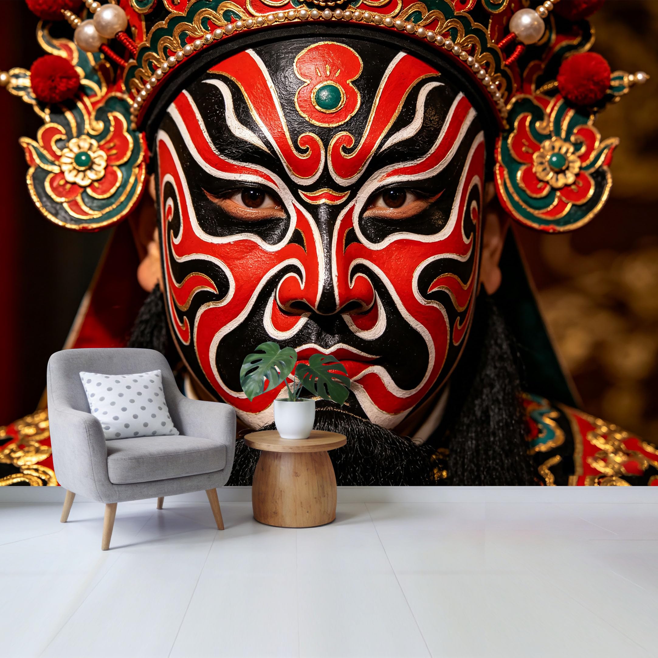 Qzlithotic Yq2605250263 Custom Size Wall Mural Traditional Chinese Opera Mask Dramatic Red And Black Pattern Selfadhesive Wall Fabric Removable Wallpaper For Home Office Decor
