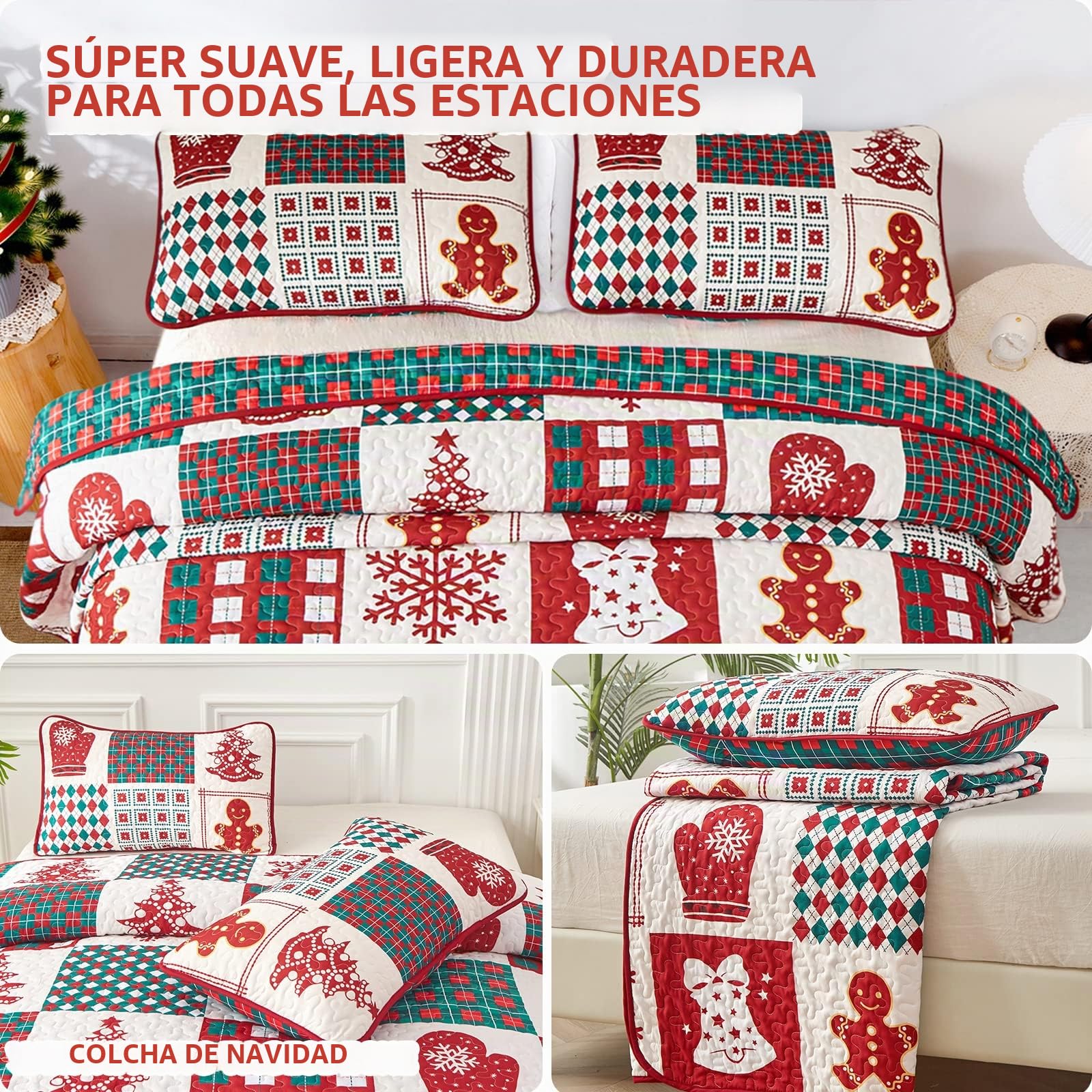 WONGS BEDDING - Colcha navideña, 220x240, con diseño de patchwork rojo, doble cara, para dormitorio, con copos de nieve, adecuada para dormitorio, edredón acolchado con 2 fundas de almohada de 50x75cm