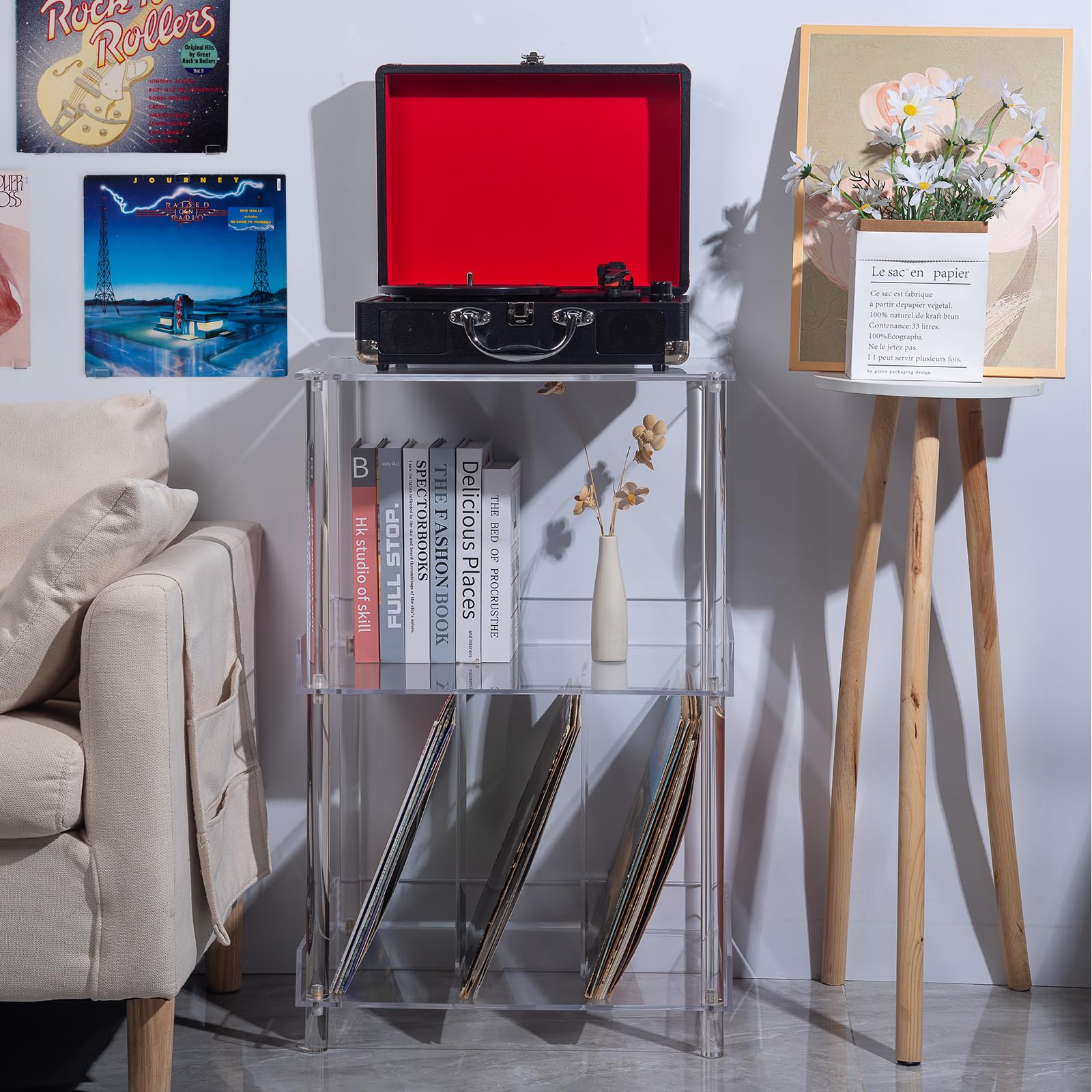Antilope Supporto per giradischi in acrilico con contenitore in vinile, supporto per giradischi a 3 livelli, supporto fino a 200 album, grande organizer da tavolo per soggiorno, camera da letto,