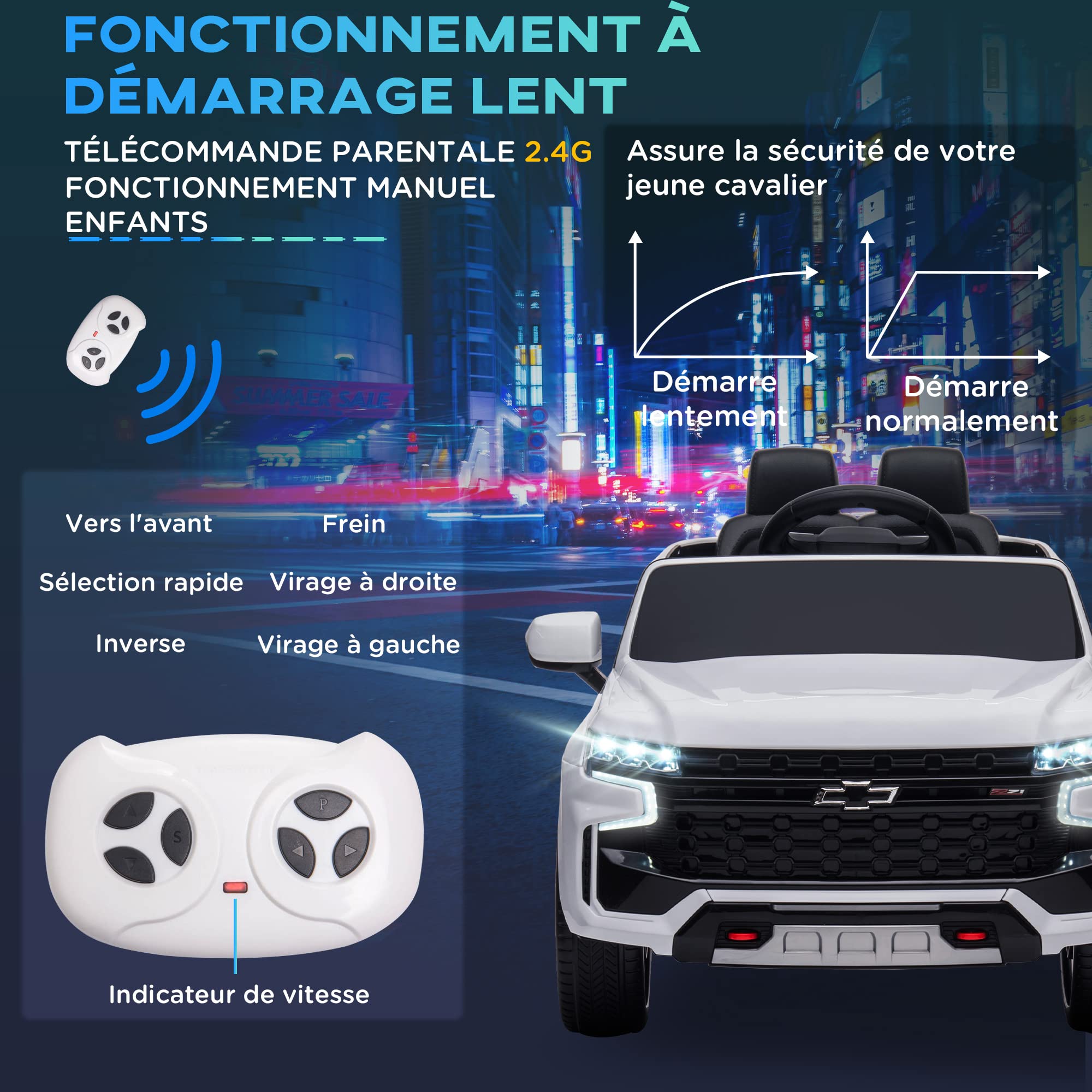 HOMCOM Auto veicolo elettrico bambino 12 V - telecomando genitore incluso - V. Max. 3 Km/h - Effetti sonori, Luminoso Bianco