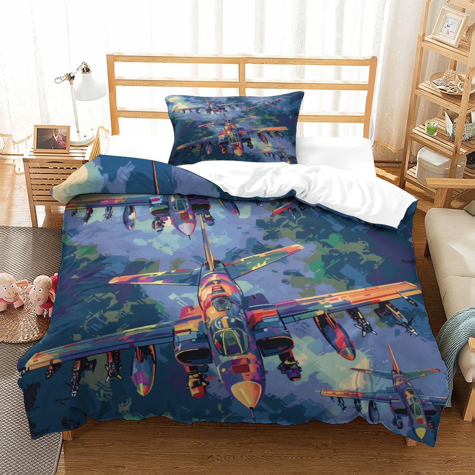 P1S9U7W5Y Vivid Aircraft 3D Printed Duvet Cover Set 3pcs Microfiber Airplane Bedding Set for Bedroom Single（135x200cm）