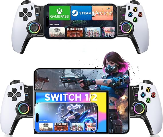 Bluetooth Mobile Gaming Controller for iOS/Android/Switch/OLED/Switch 2,Wireless Phone Game Controller for Xbox/Steam/GeForce Now/MFi Apple Arcade/Roblox,Controller with Hall Effect Joystick/RGB