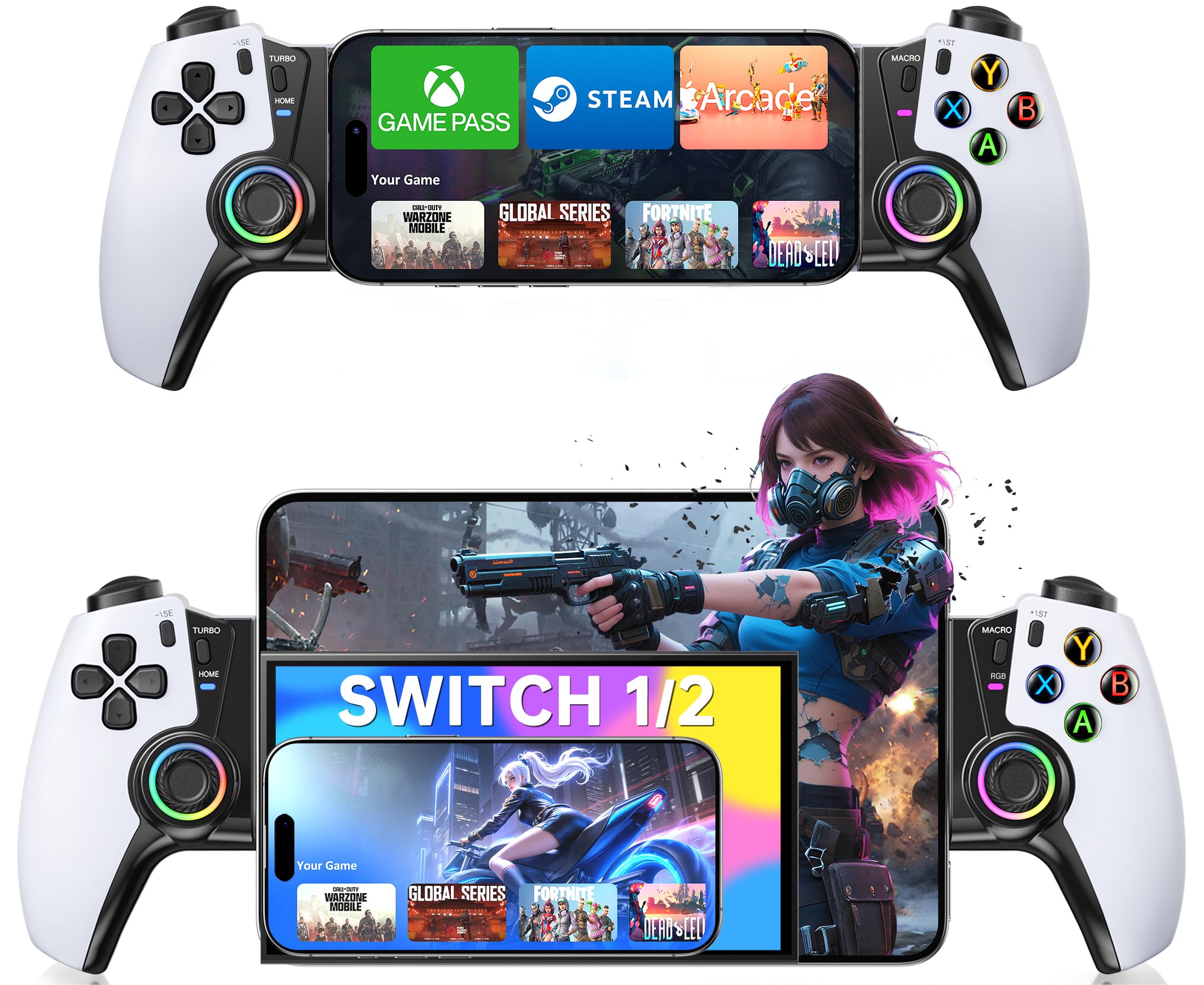 HELLCOOL Swtich Controller Portatile Smartphone Controller con Hall Joysticks per Android/iPhone, compatibile con Switch 1 Console/Xbox Cloud/Steam Link/GeForce Now/MFi Apple Arcade
