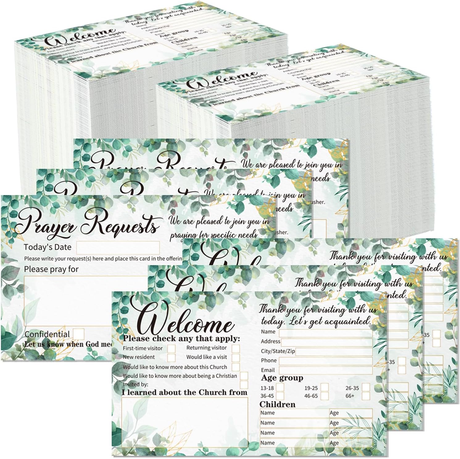 ABURRORI Church Visitor Cards, 500 Pcs Greeting Card, Greenery Eucalyptus Pattern, Bulk Prayer Request Cards for Church Greeting, Praying, Welcome Packets, Decorative Postcard, 3 x 5 Inch