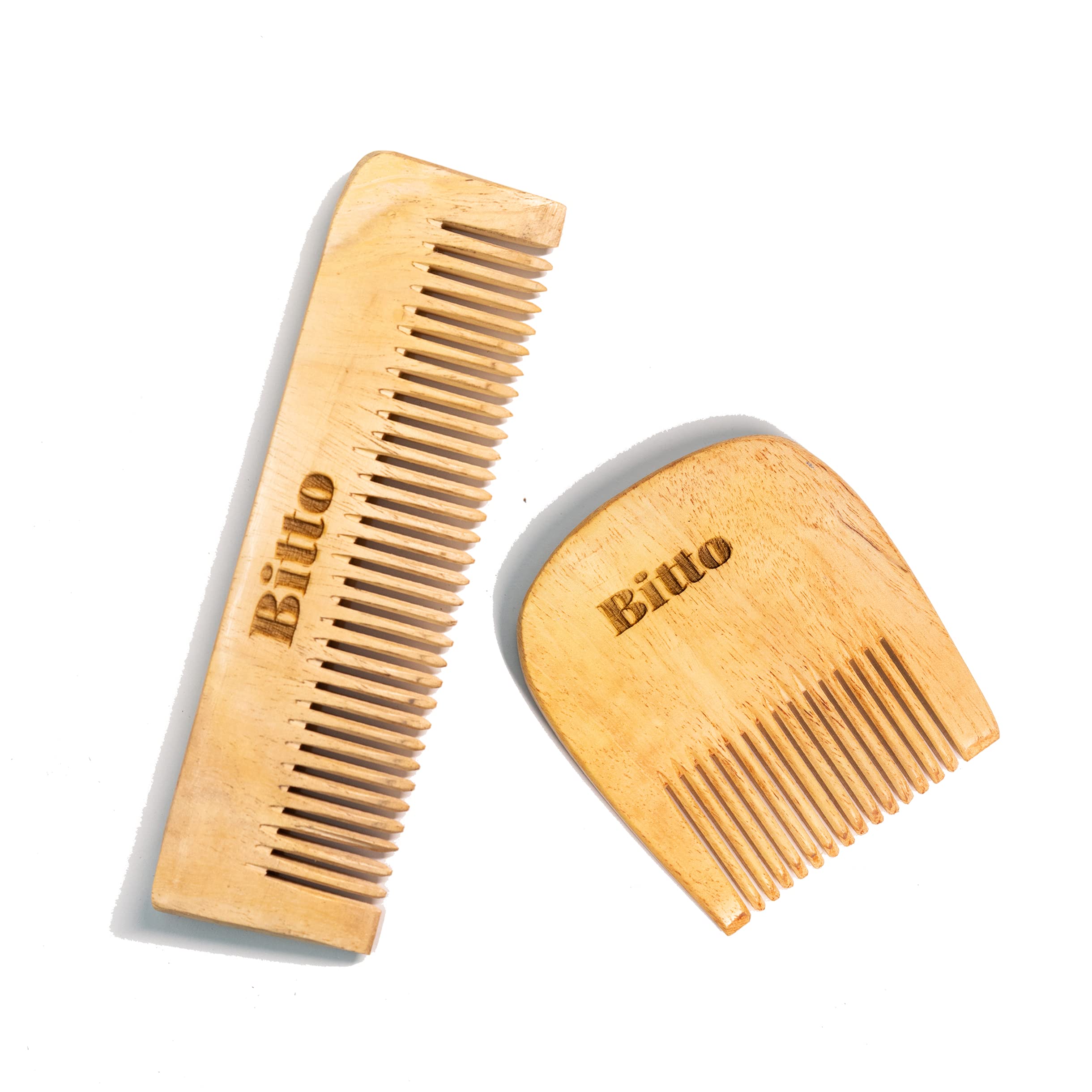 BittoOrganic Neem Wood Comb - Beard Comb & Pocket Comb for Hair Growth for Men | Antidandruff | Anti-bacterial |Detangling | (Set of 2)