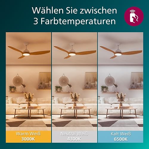 Philips Olas Ceiling Fan, 3 Blades, 24W LED Light, DC Motor, Color Temperature Range (3000K-4300K-6500K) with Dimmable Function, Remote Included, 52", white and wood - 6