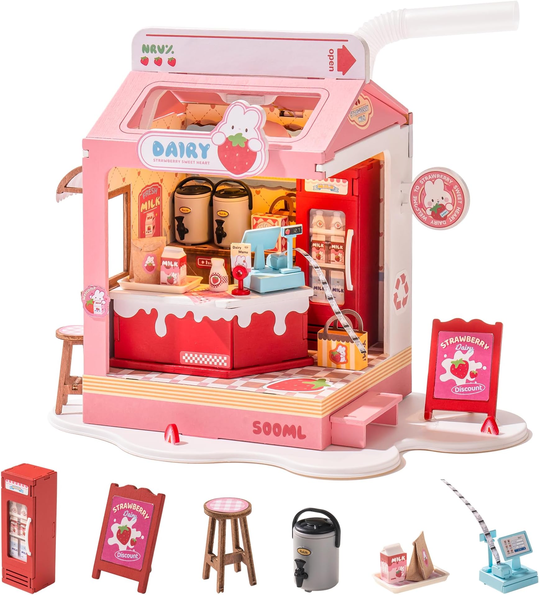 RolifeDollhouse Cute Wooden Model Kits DIY Miniature House with Furniture Doll House with LED Lights for Girls and Women (Strawberry Milk Box)