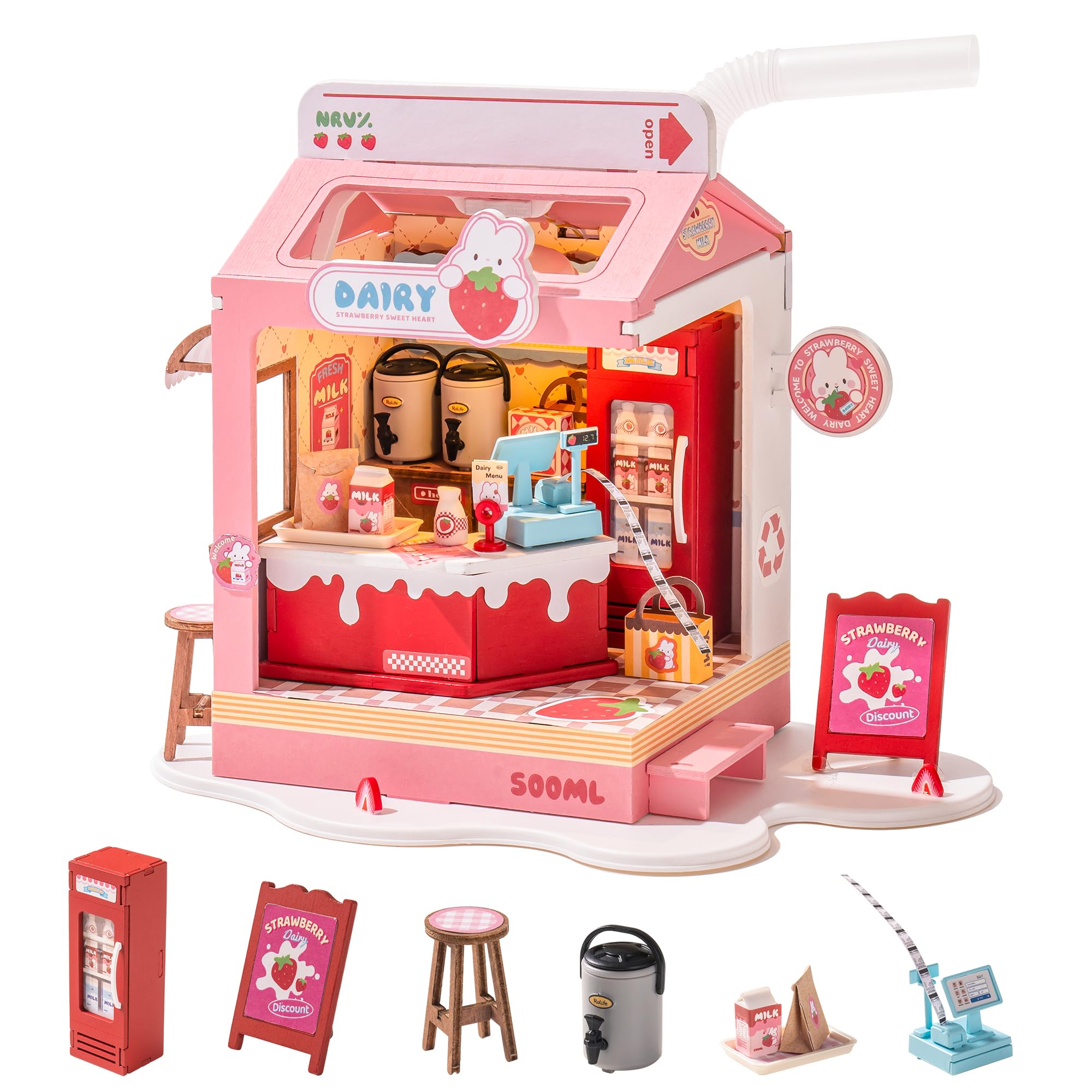 RolifeDollhouse Cute Wooden Model Kits DIY Miniature House with Furniture Doll House with LED Lights for Girls and Women (Strawberry Milk Box)