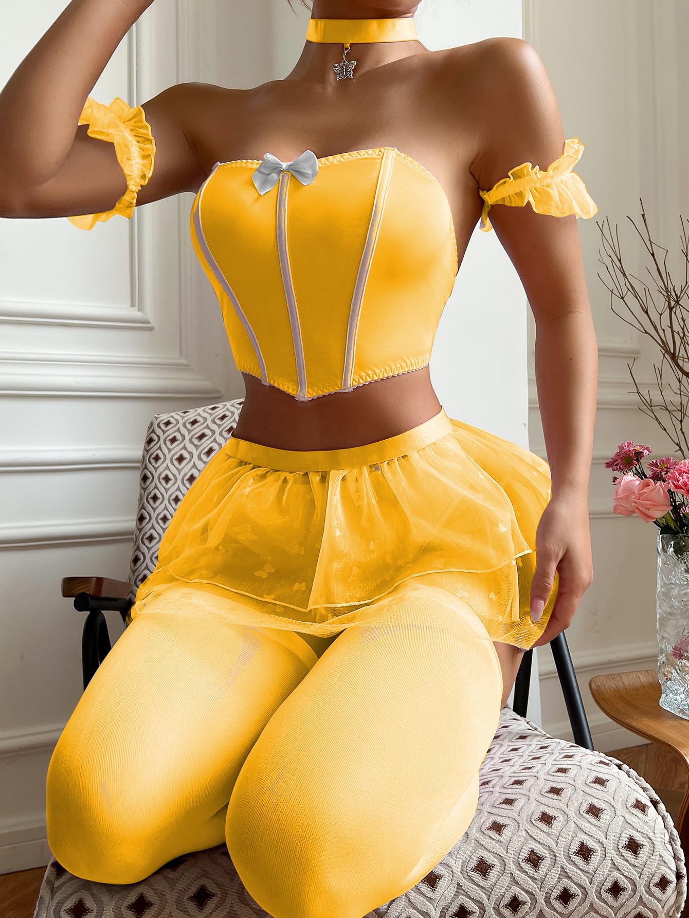 OYOANGLE Women's 6 Piece Babydoll Lingerie Set Bow Front Chemise Skirt Set with 1 Pair Stocking