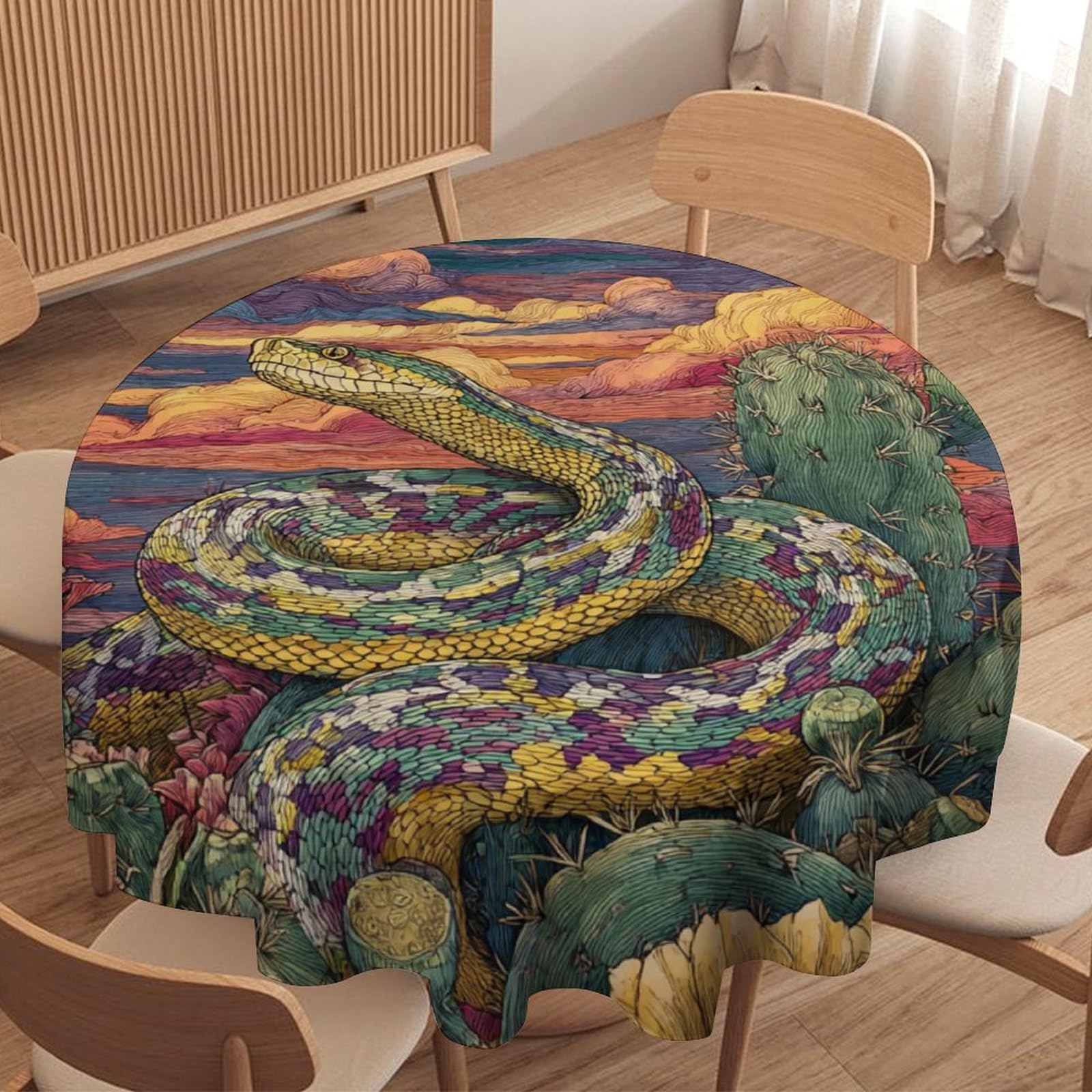LUYYSKY Rustic Abstract Animals Snake Waterproof Round Tablecloth Watercolor Western Desert Plants Cactus Floral Wildlife Snake Washable Table Cover for Kitchen-91.4" Wx91.4 L cm