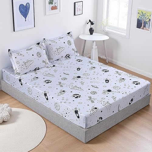 MAG Juego de sábanas espaciales de 3 piezas tamaño matrimonial, con base blanca, microfibra súper suave, para niños, adolescentes, niños y amantes