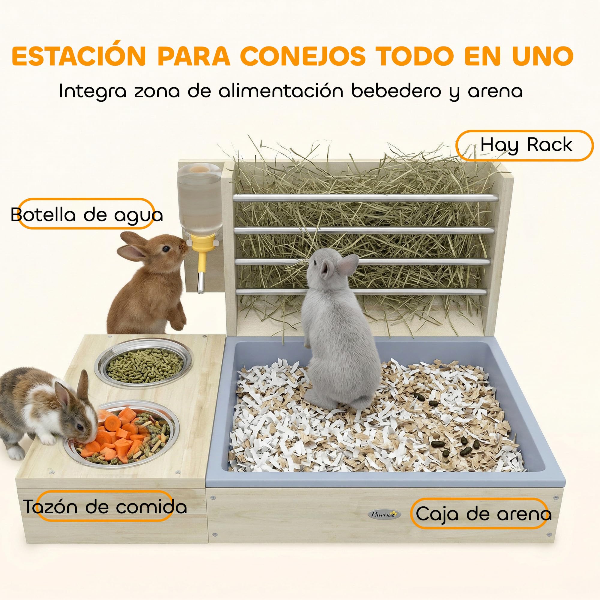 PawHut Comedero de Heno para Conejos con Bandeja, Alimentador de Heno de Madera con Cuenco de Acero Inoxidable y Botella de Agua, para Cobayas, Chinchillas, Gran Capacidad y Prevención de Residuos — view 3
