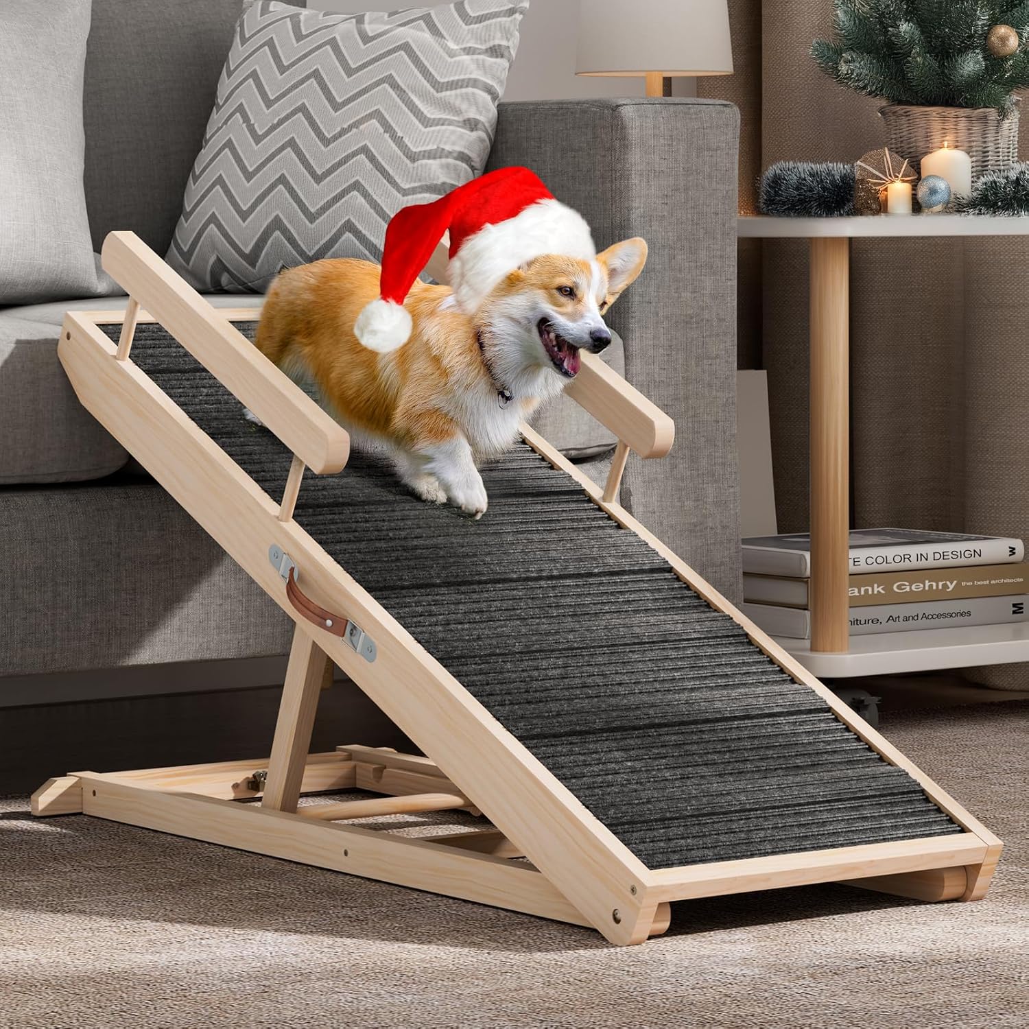 Dog Ramp for Bed, Couch, Car, Folding Pet Ramps 44.48" Long Adjustable 15"-22" Wooden Stairs with High Traction Mat & Safety Side Rails for Small & Medium Old Dogs & Cats, up to 200 lbs 44.48"L x 15.74"W x 2.16"H