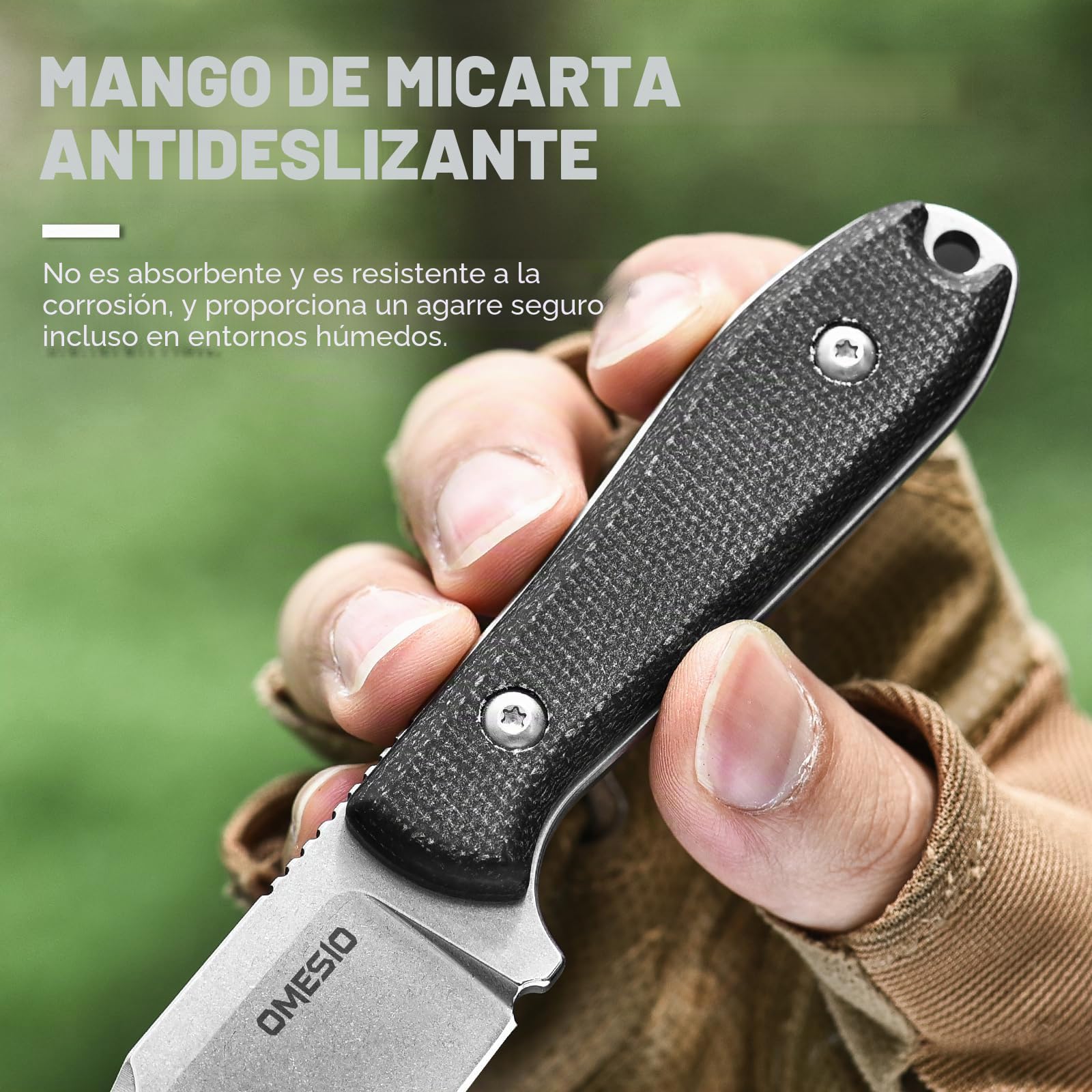 Omesio Cuchillo de Caza Pequeño con Funda | Acero D2 7.8cm (Punta Clip) | Mango Micarta | Cuchillo de Cinturón | Camping, Supervivencia y Senderismo