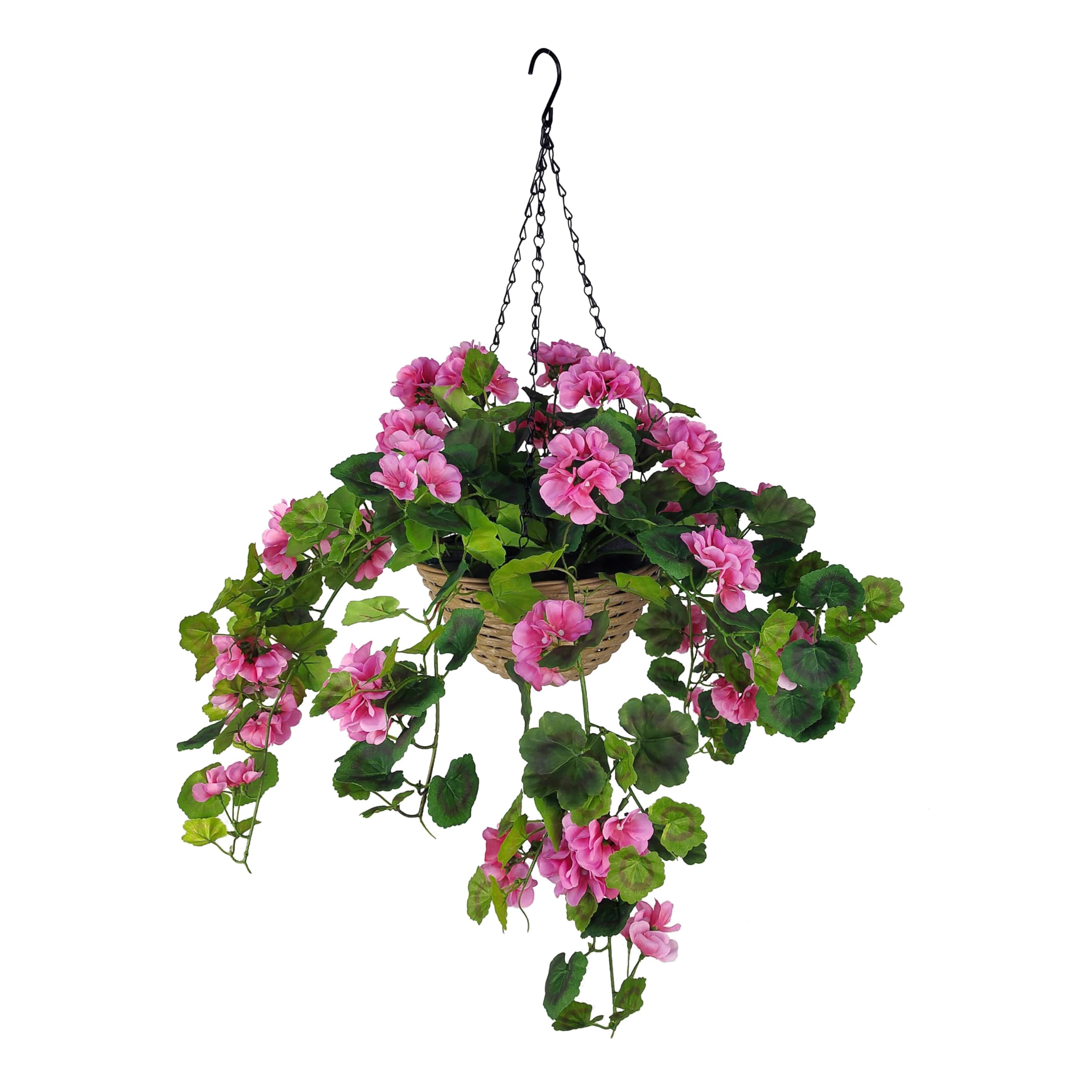 365 Blooming Decor Inc. Pink Geranium 365 Blooming Decor 31.5"X 24" Artificial Hanging -Lifelike Flowers With Durable Plastic Wicker Style Basket, Weather Resistant For Porch, Patio, Garden Decor, Adj. Branches, Easy Assembly