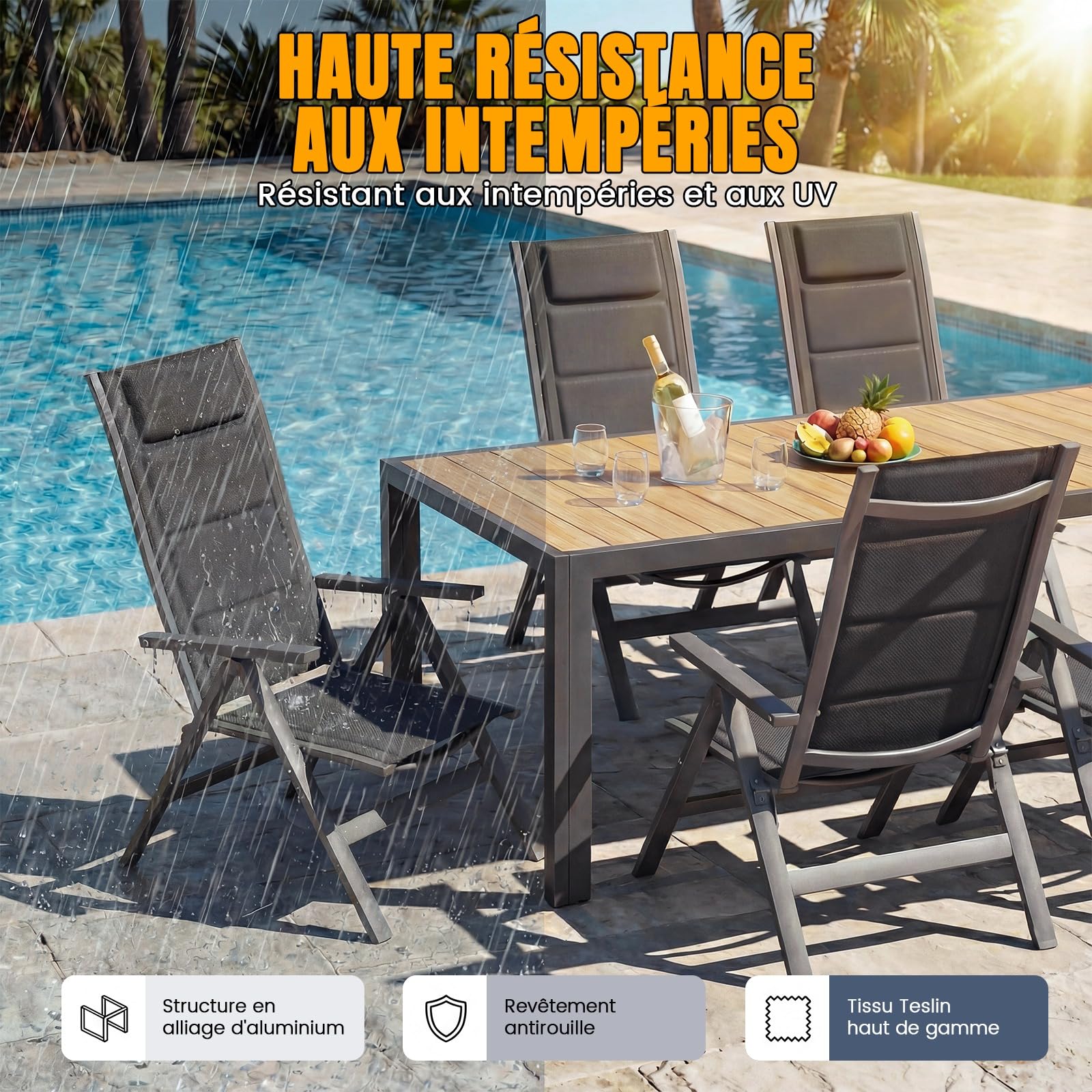 Devoko Salon de Jardin Exterieur 7 Pièces, Composé Table 150 cm en Aluminium et 6 Chaises Pliantes, Table de Jardin avec Finition à Veine de Bois et Chaises de Terrasse, Balcon, Naturel