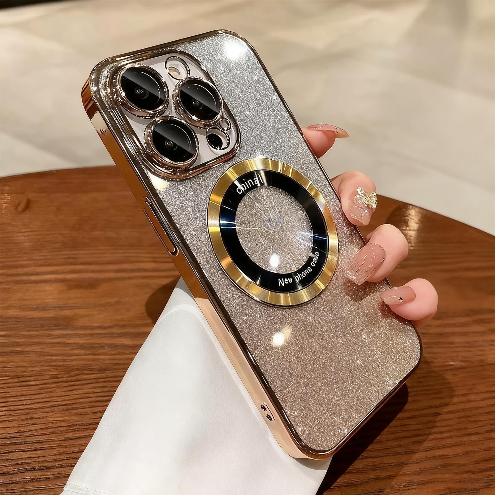 Compatible with iPhone 16 Pro Magnetic Glitter Case,Glass Lens Camera Protector,Logo View Hard Luxury Phone Cases for iPhone 16 Pro for Women Men Transparent Cover (Gold)