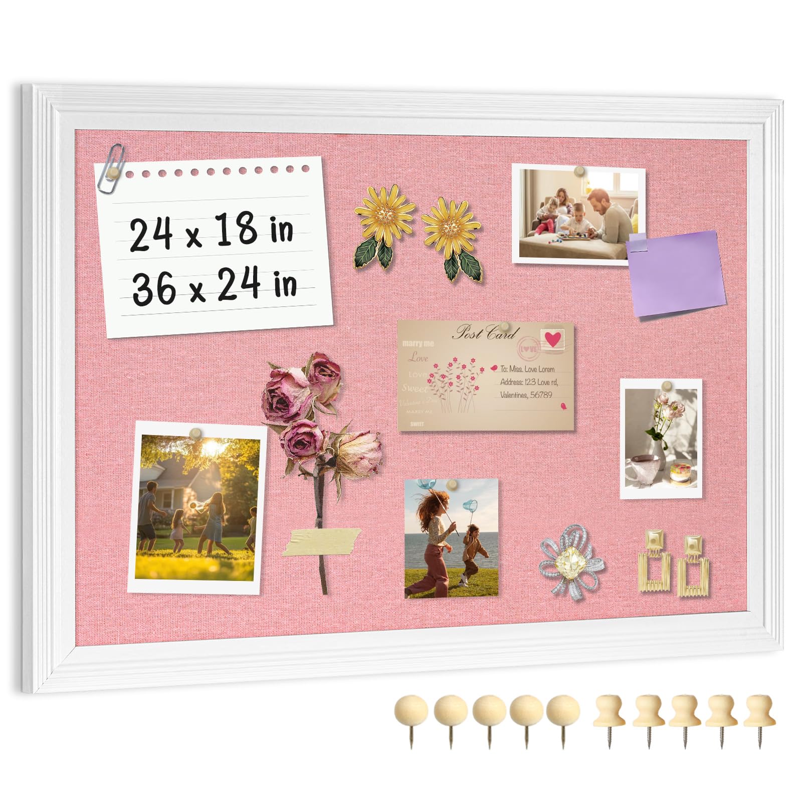 AMUSIGHT Large Pink Cork Board with Linen, 24" x 18" Hanging Wood Framed Bulletin Board, Picture Display Vision Board Corkboards for Wall Room School Office Decor, 10 Pushpins, 1 Pack