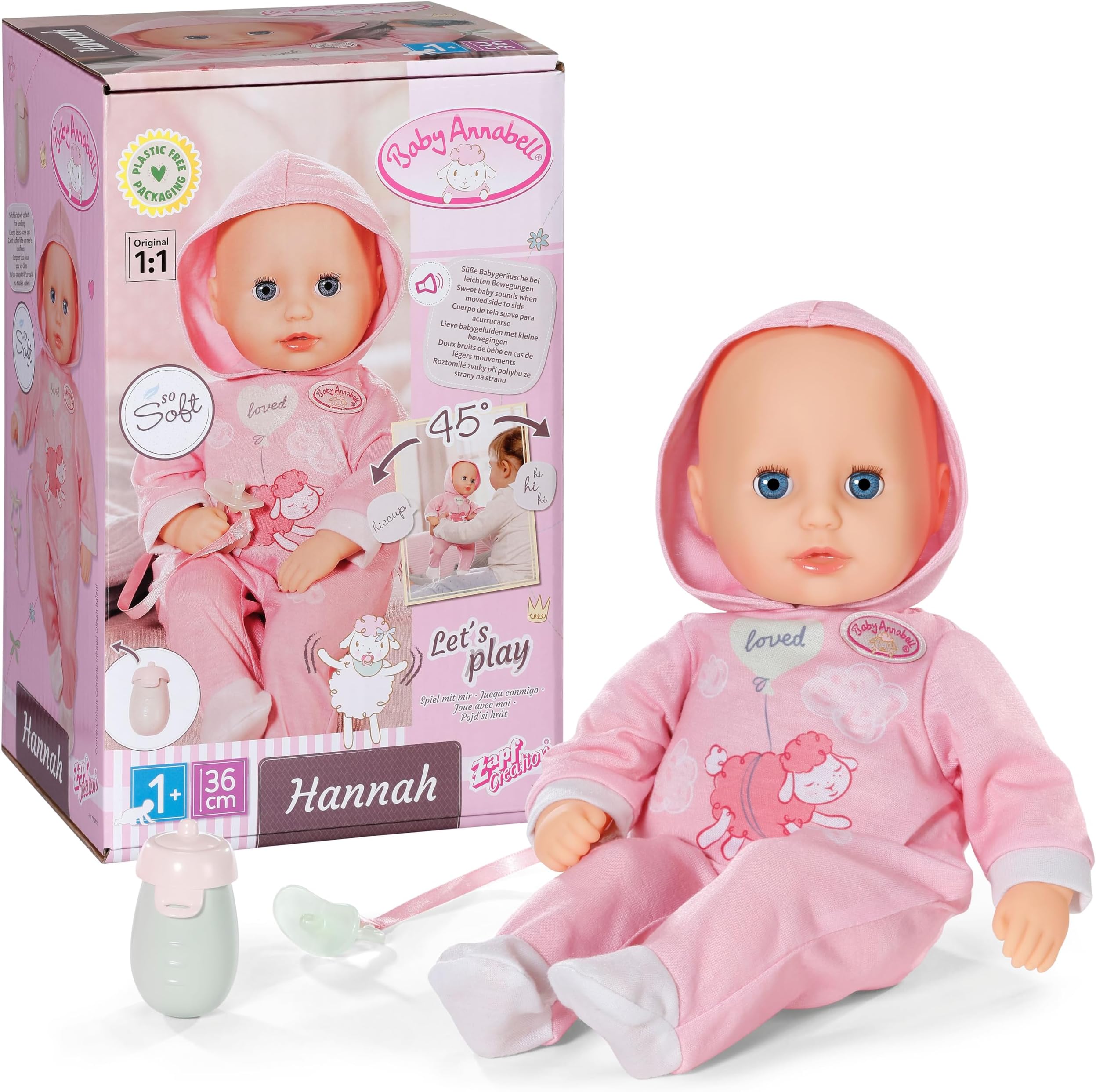 Hannah Let's Play! 36cm Interactive doll with soft body and 5 realistic functions- Suitable for Children Aged 1+