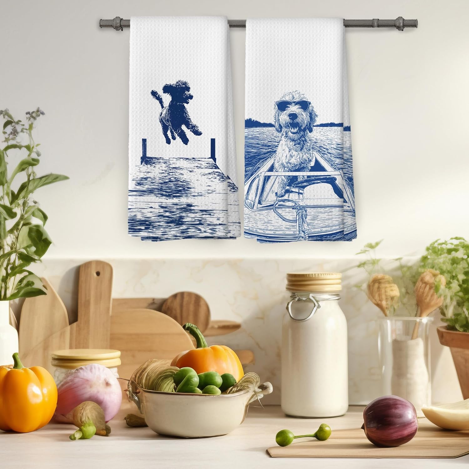 Lake House Decor Doodle Kitchen Towels Set of 2, Summer Funny Lake Dog Coastal Bathroom Hand Towel, Dog Lover Gifts Tea Towel Dish Towels 16x24 Inch - Image 4