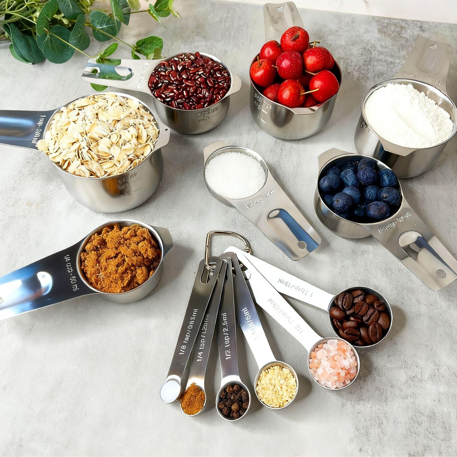 Edelstahl-Messbecher- und Messlöffel-Set mit rundem Anschluss, Küchenmesslöffel und -becher, Küchenwerkzeug zum Kochen und Backen (13-teiliges Set)