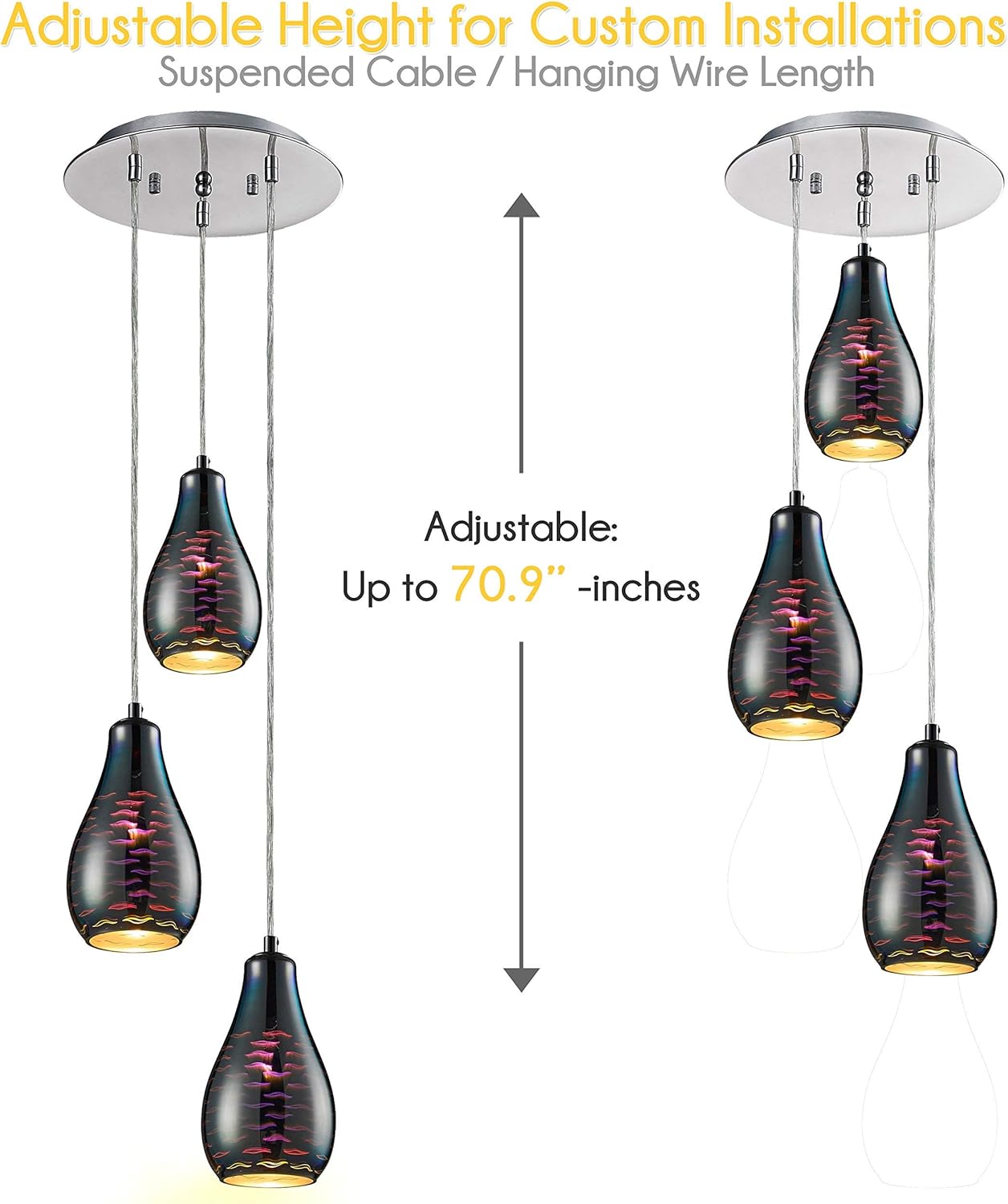 SereneLife Home Pendant Hanging Lighting Fixture-Triple Lamp Ceiling Light with 3 5.1’’x8.7’’-Sphere Shaped Dome Globes, Sculpted Glass Accent-SLLMP37