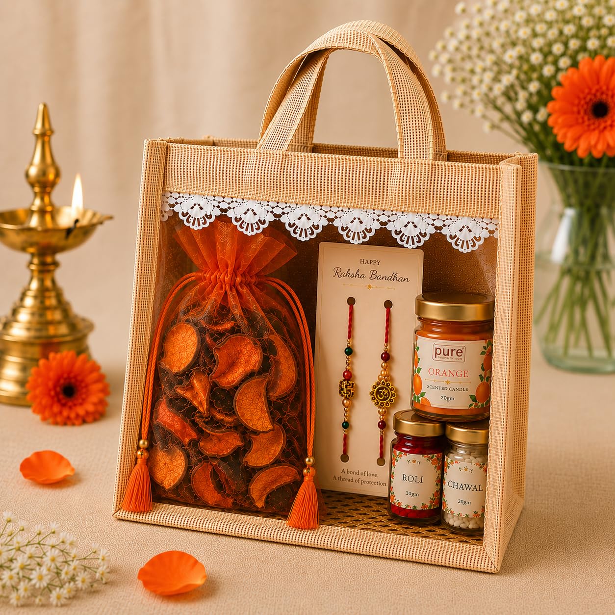 Pure Source India Raksha Bandhan Gift Hamper for Brother | Premium Jute Gift Bag with 2 Designer Rakhi, Orange Scented Candle, Orange Potpourri, Roli & Chawal