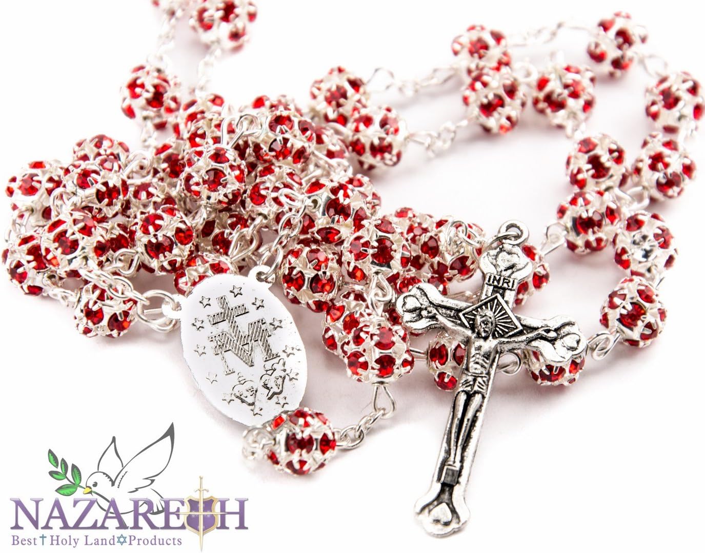 Nazareth Market Store Red Zircon Crystals Beads Rosary Catholic Necklace Miraculous Medal & Crucifix