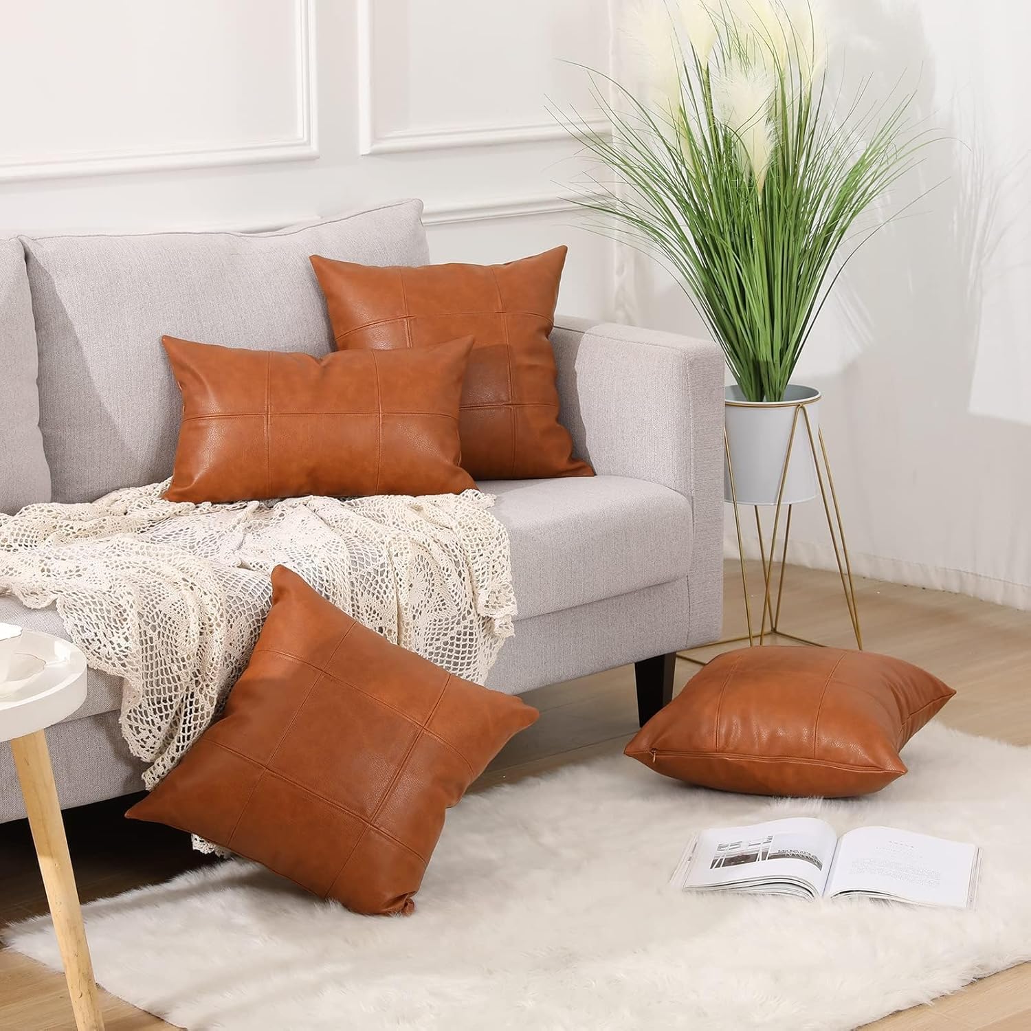 MANDIOO Set of 2 Classic Plaid Faux Leather Decorative Throw Pillow Covers,Hand Stitched Modern Luxury Vegan Outdoor Cushion Cases Pillowcases for Couch Sofa Bed Farmhouse 24x24 Inches Brown
