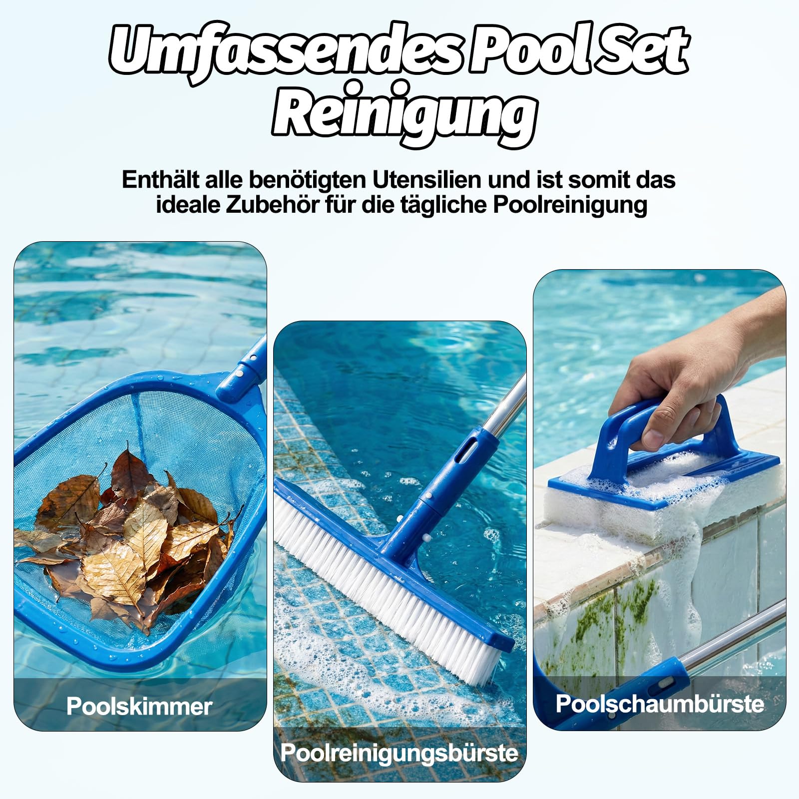 4BAOHUI Brosse de piscine avec manche en acier inoxydable, épuisette avec manche télescopique, kit de balai de piscine, brosse de nettoyage pour piscine, épuisette pour nettoyer les feuilles de