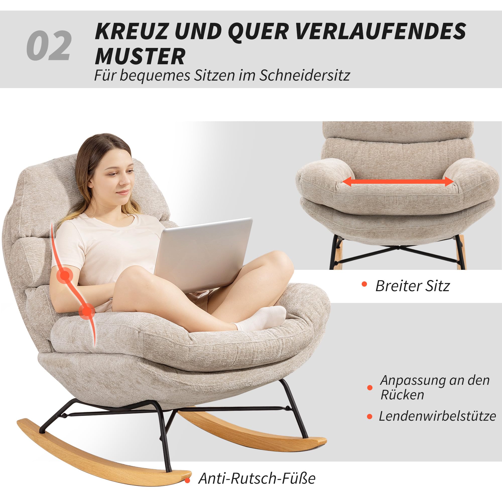 HOMCOM Schaukelstuhl Schaukelsessel mit Rückenlehne Schneidersitz Sessel, gepolstert Relaxsessel mit Chenille-Optik, Holzgestell Schwingsessel, Lesesessel für Wohnzimmer, Cremeweiß