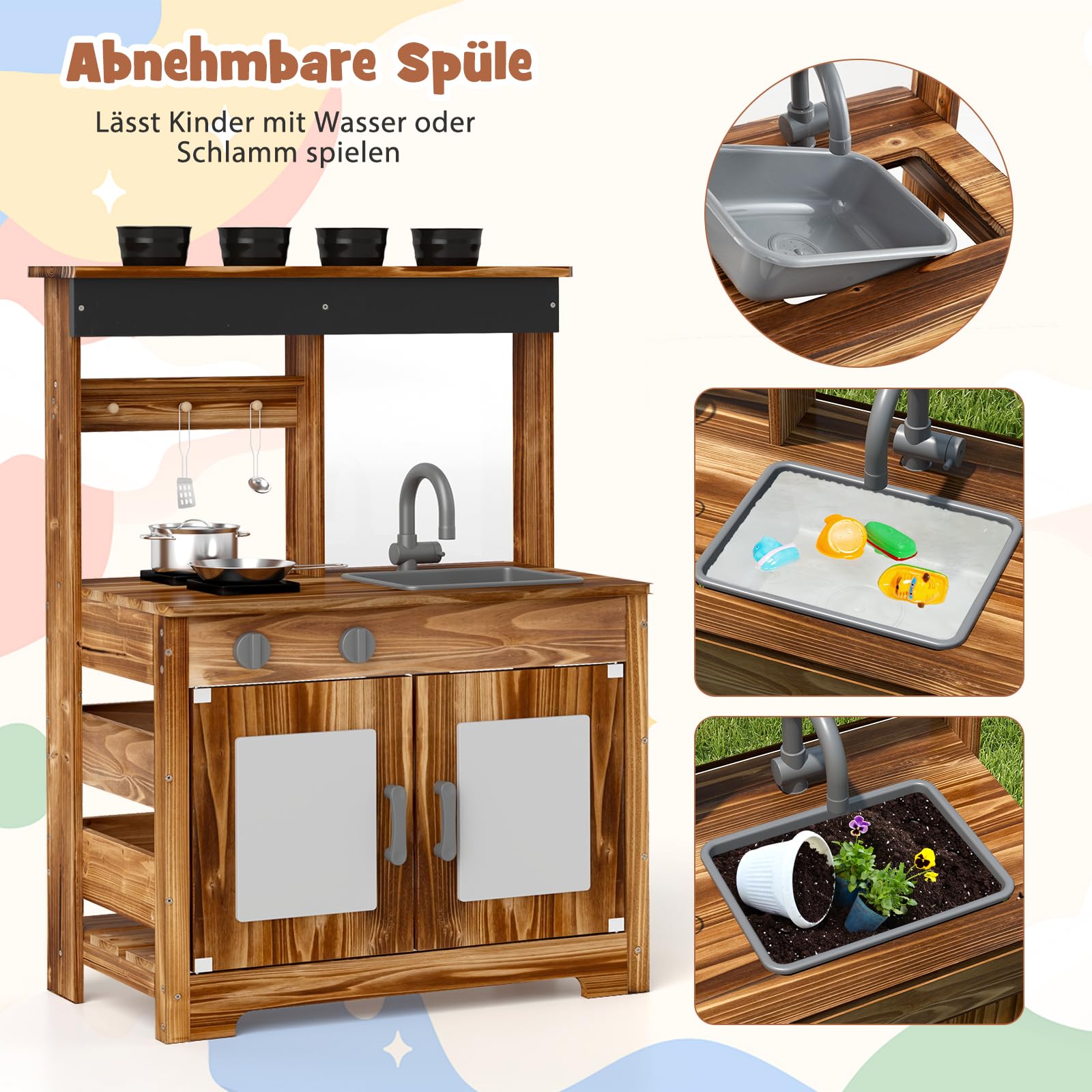 DREAMADE Matschküche Kinder Outdoor, Spielküche aus Tannenholz mit Waschbecken, Wasserhahn, 2 Herden, 2 Kochtöpfen, 4 Pflanztöpfen & Acryltafel, Outdoor-Holzküche für Kinder ab 3 Jahren