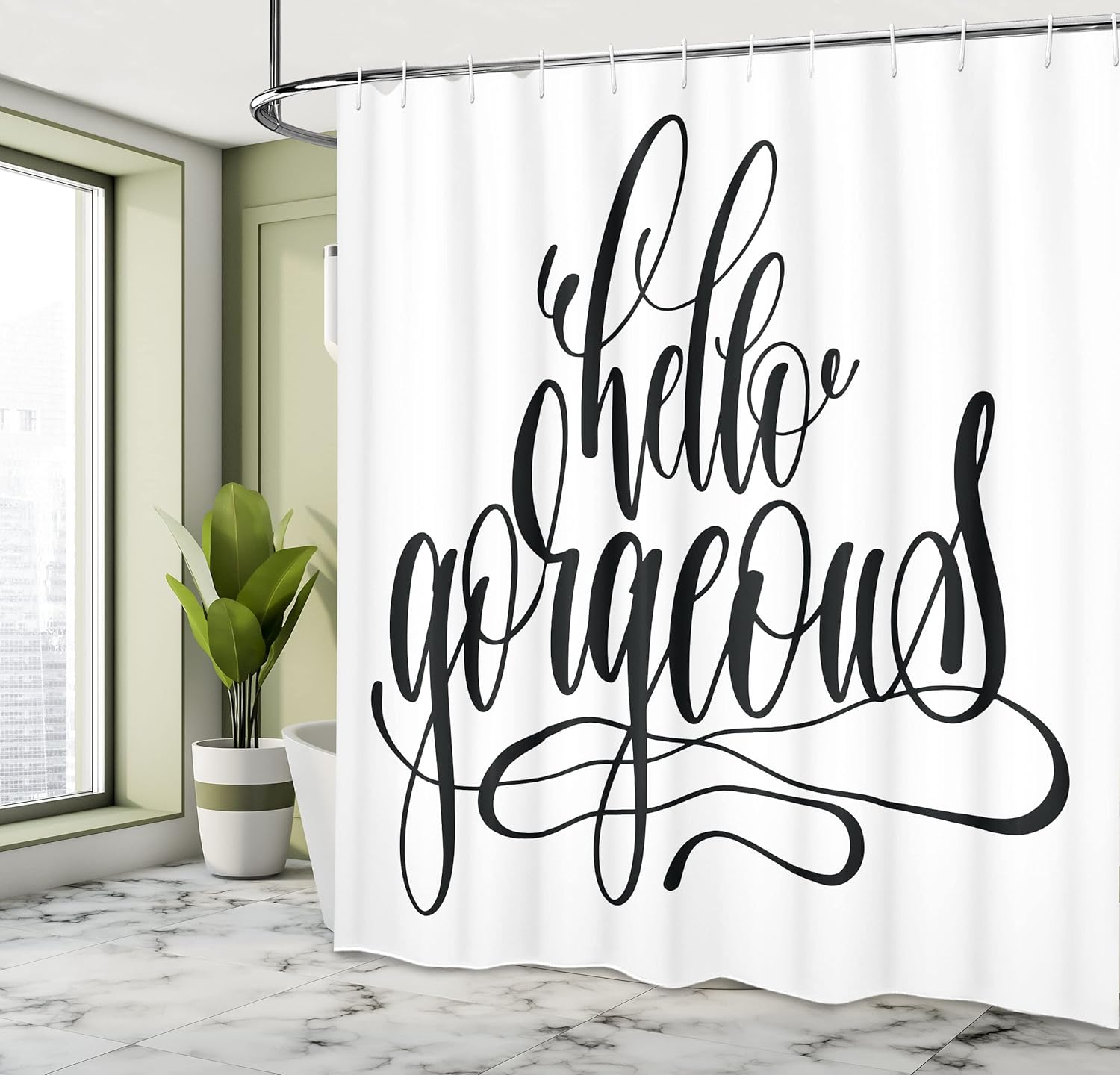 Ambesonne Hello Gorgeous Shower Curtain, Unique Handwriting Style Font Calligraphy Phrase on White Background, Cloth Fabric Bathroom Decor Set with Hooks, 69" W x 70" L, Black White