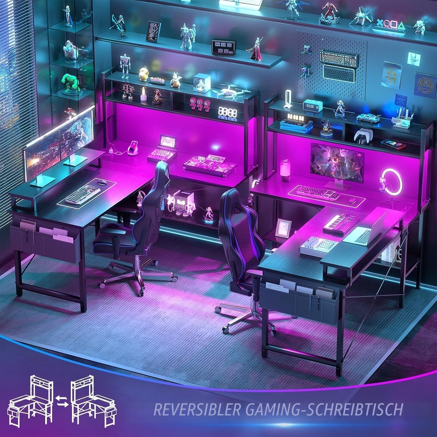iSunirm L-förmiger Gaming-Schreibtisch mit Steckdosen und LED-Leuchten, Kleiner L-förmiger Schreibtisch, Computer-Eckschreibtisch mit Monitorständer und Ablage, mit Aufbewahrungstasche, Schwarz